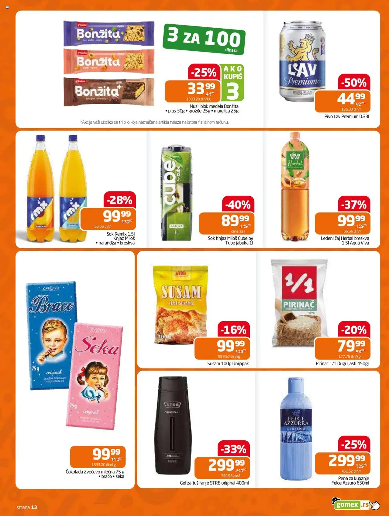 Gomex katalog - važi od 13.08.2025 | Strana: 13 | Proizvode: Sok, Gel za tuširanje, Pena za kupanje, Pirinač