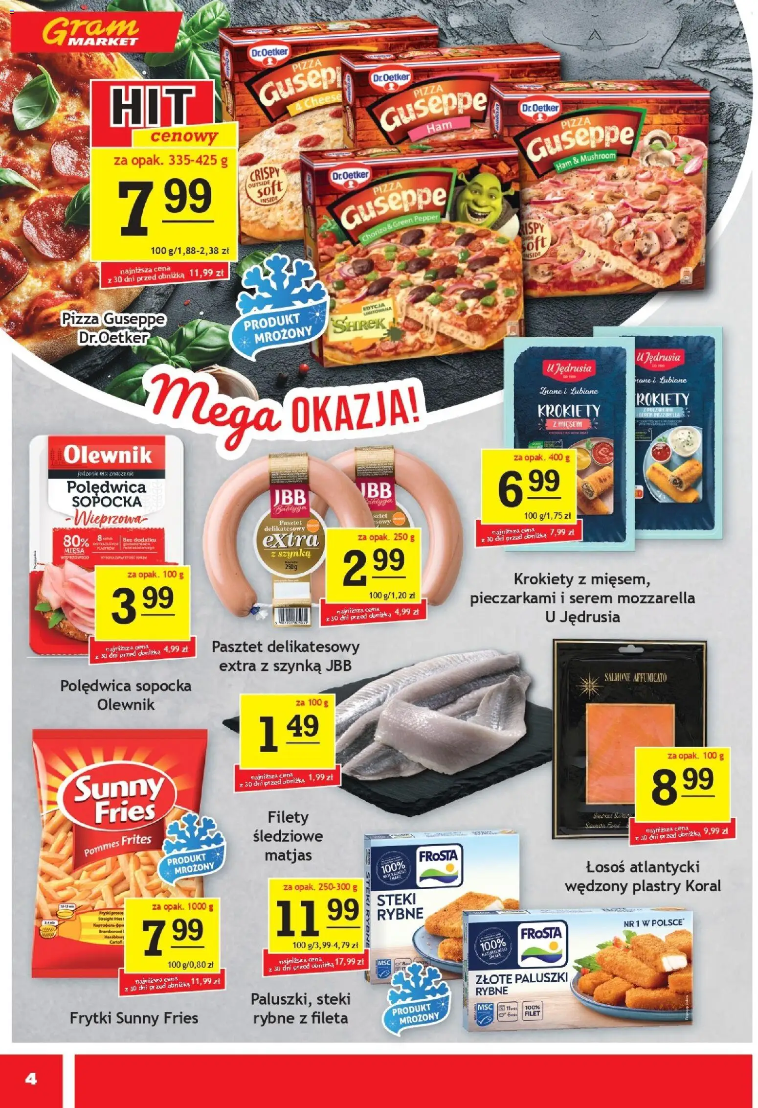Gram Market Gazetka od 14.01.2026 | Strona: 4 | Produkty: Łosoś atlantycki, Steki, Krokiety, Szynka