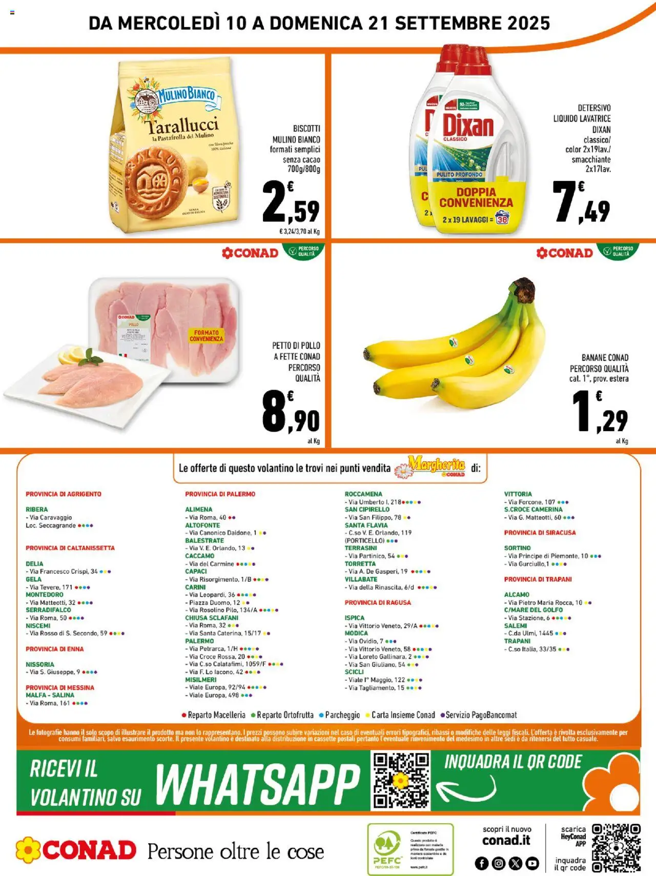 Volantino Conad del 10.09.2025 | Pagina: 16 | Prodotti: Petto di Pollo, Banane, Lavatrice, Cacao