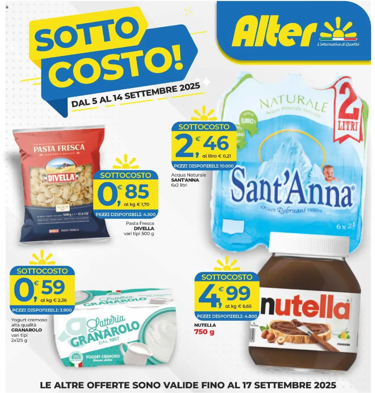 Volantino Alter Discount del 05.09.2025 | Pagina: 1 | Prodotti: Pasta, Nutella, Acqua naturale, Acqua minerale