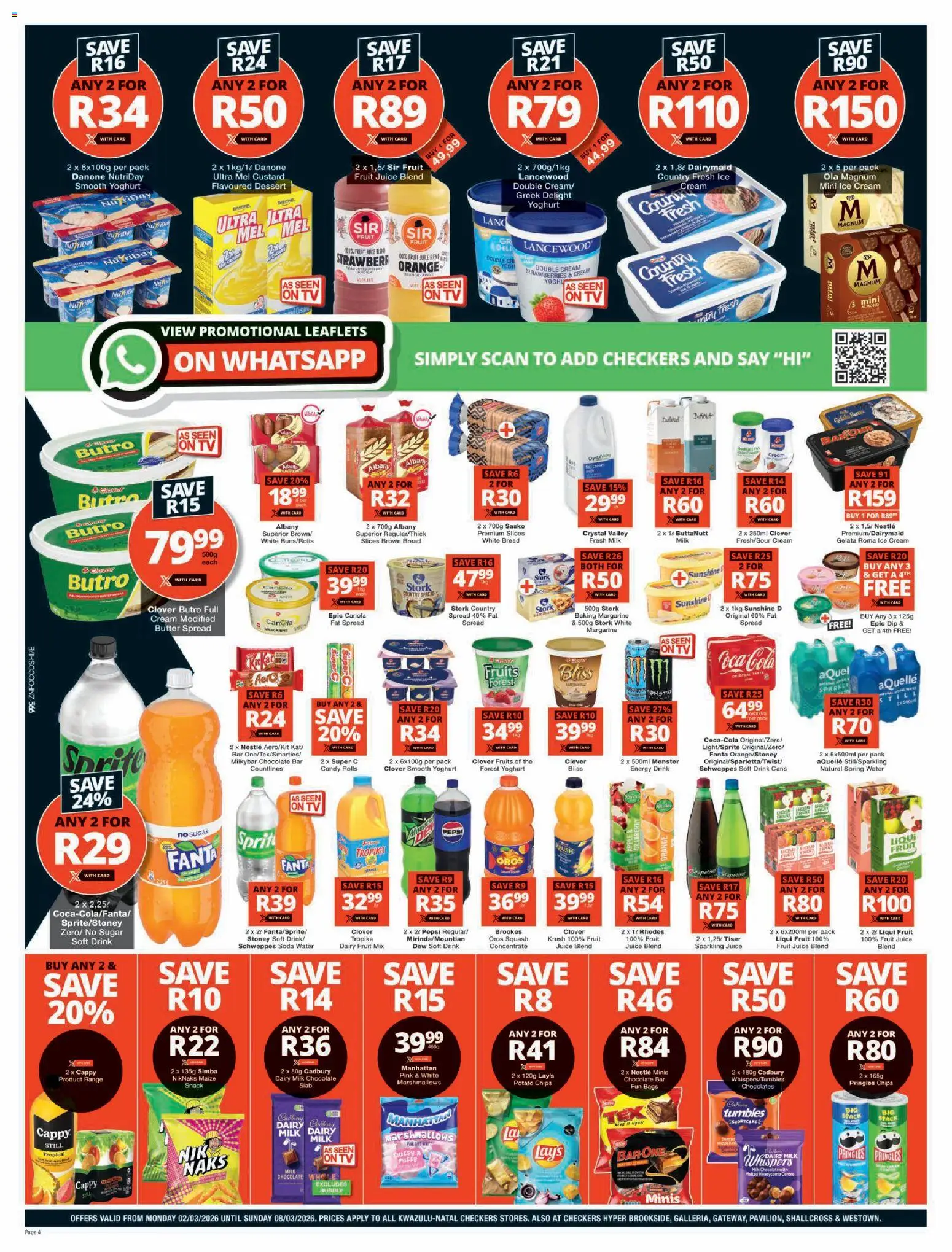 New Checkers catalogue – valid from 02.03.2026 | Page: 4 | Products: Butter, Bread, Chocolate, Ice cream