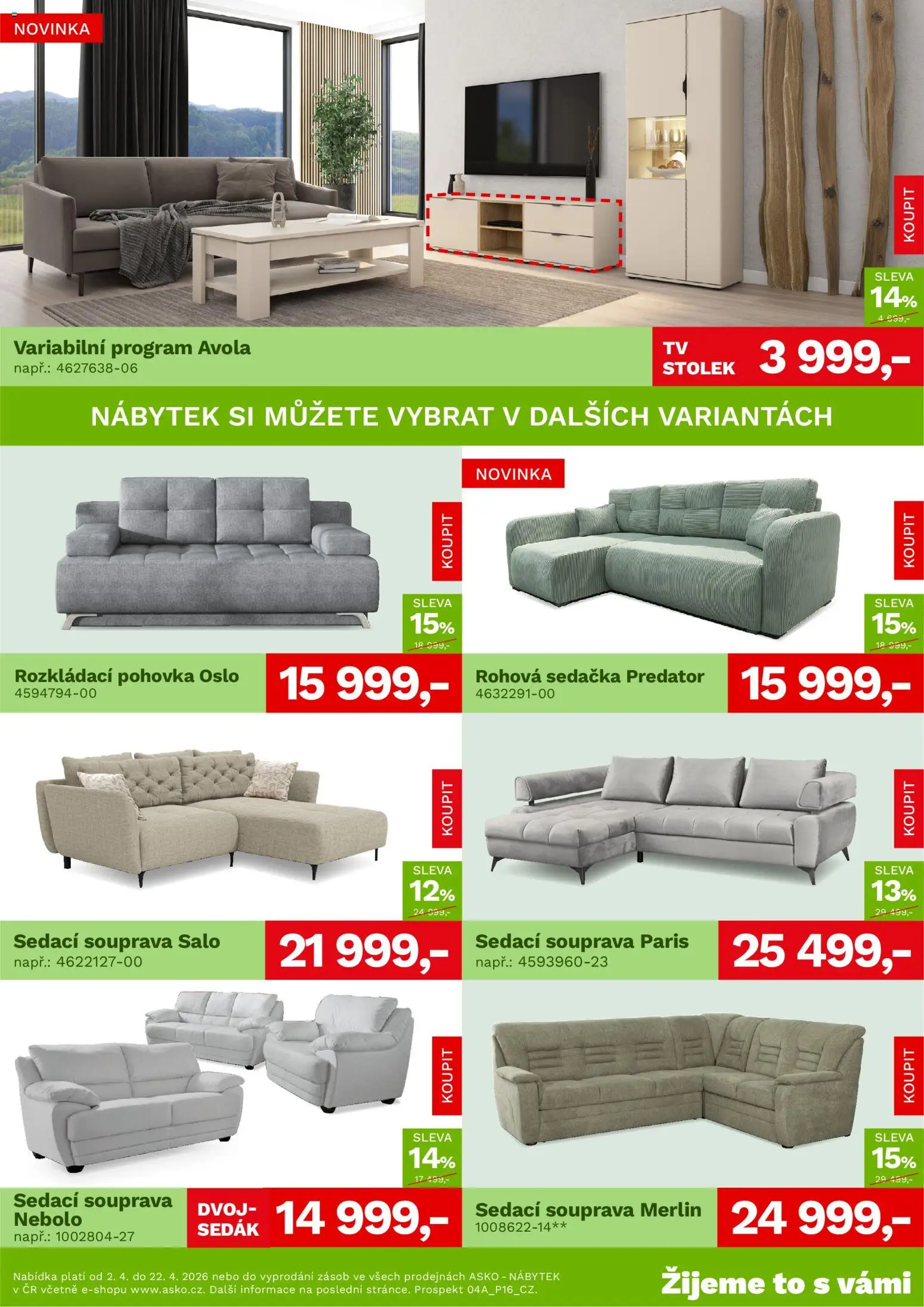 ASKO nábytek leták od 02.04.2026 | Strana: 2 | Produkty: Sedací souprava, Rozkládací pohovka, Nábytek, Stolek