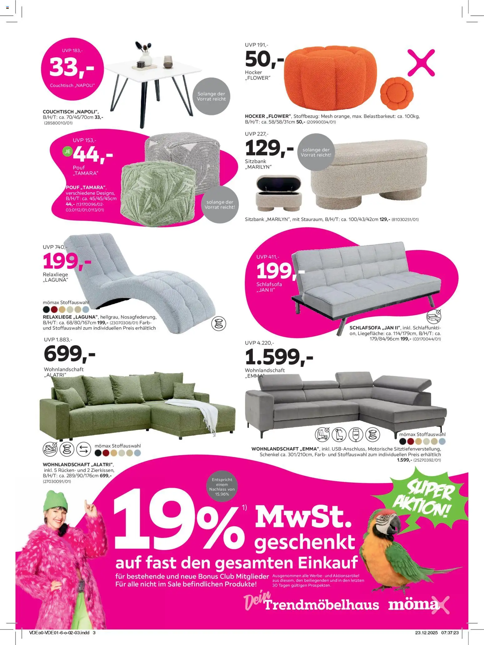 Mömax Prospekt 	 – gültig ab 27.12.2025 | Seite: 3 | Produkte: Schlafsofa, Hocker, Sitzbank, Couchtisch