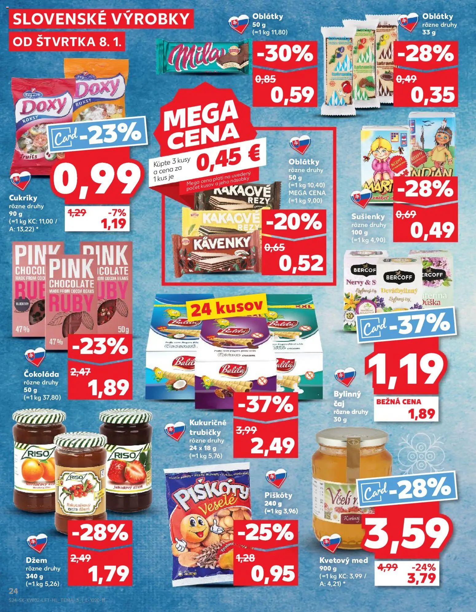 Nové Kaufland akcie – leták je platný od 08.01.2026 | Strana: 24 | Produkty: Čaj, Čokoláda, Cukríky, Mila