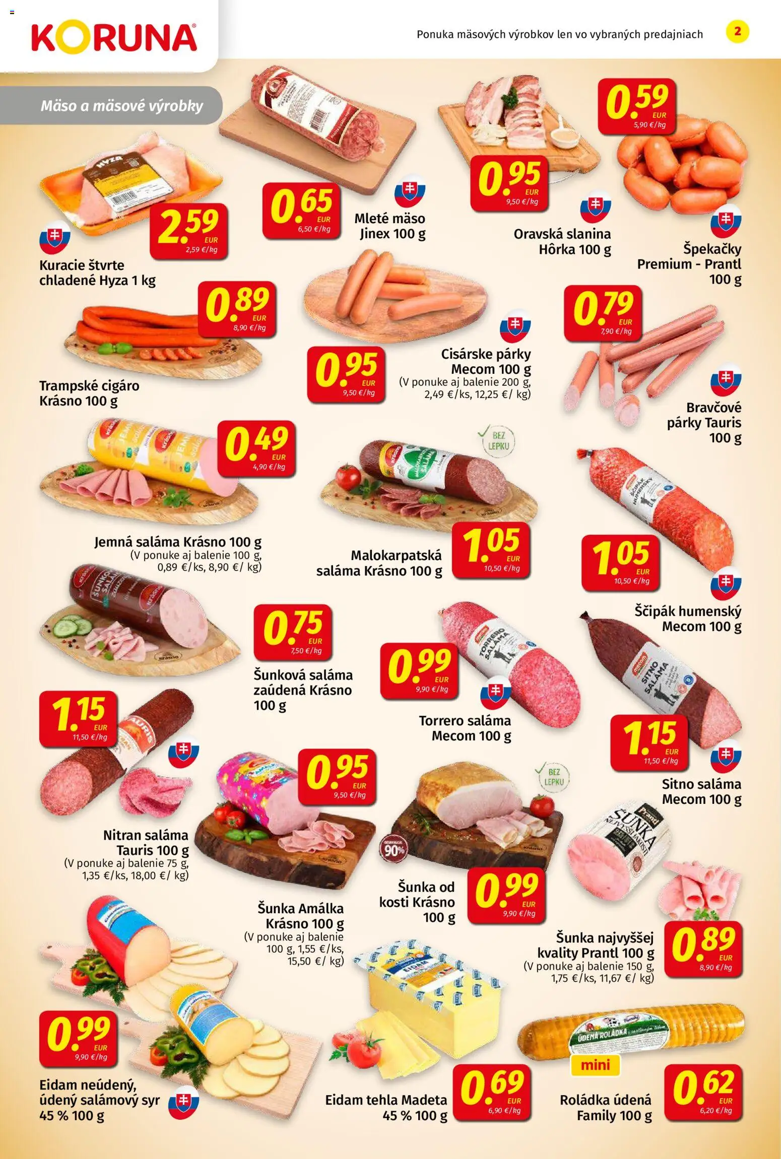 Nové Koruna akcie – leták je platný od 10.04.2026 | Strana: 2 | Produkty: Syr, Slanina, Párky, Mleté mäso
