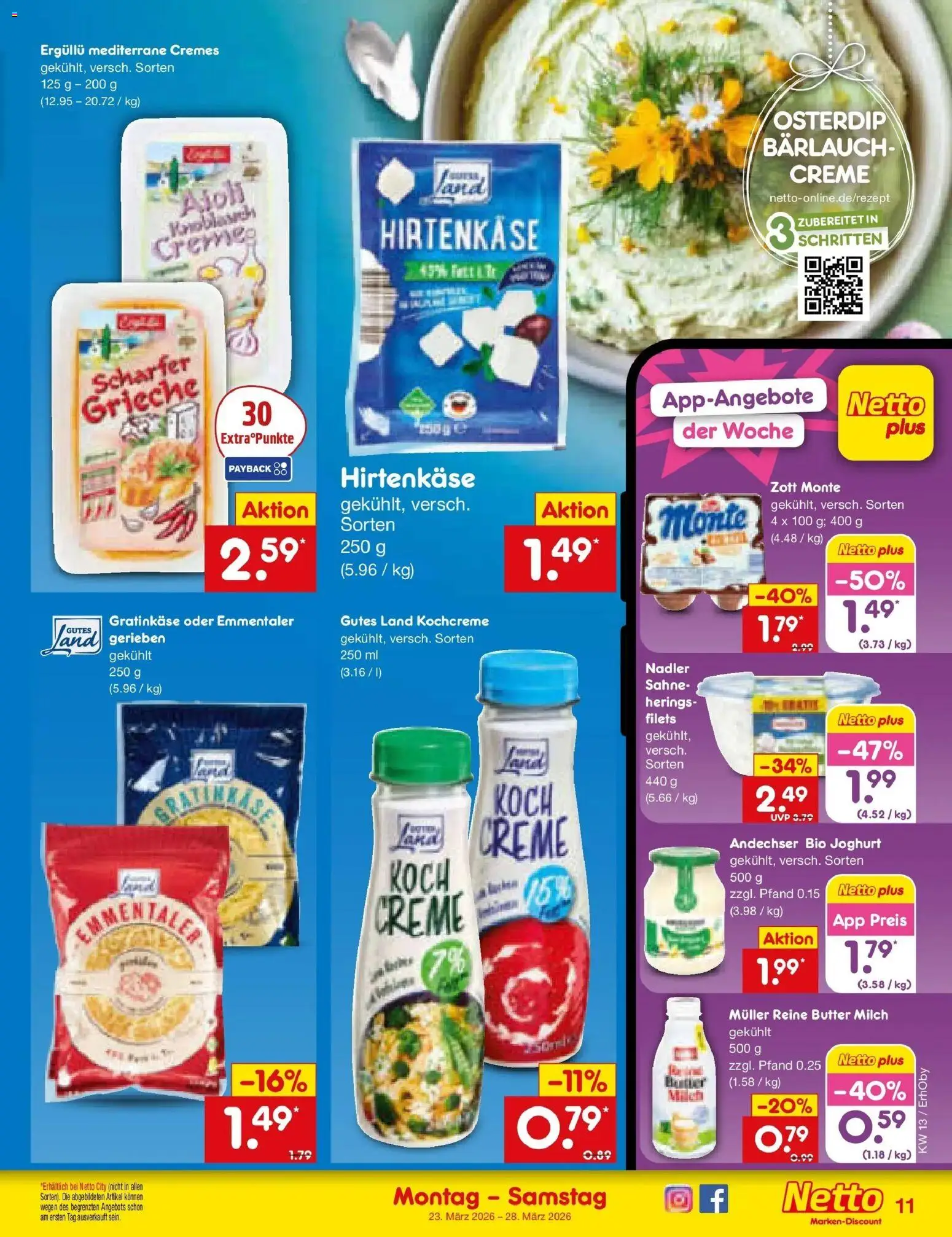 Netto Marken-Discount Prospekt Mauern	 – gültig ab 23.03.2026 | Seite: 11 | Produkte: Milch, Butter, Knoblauch, Sahne