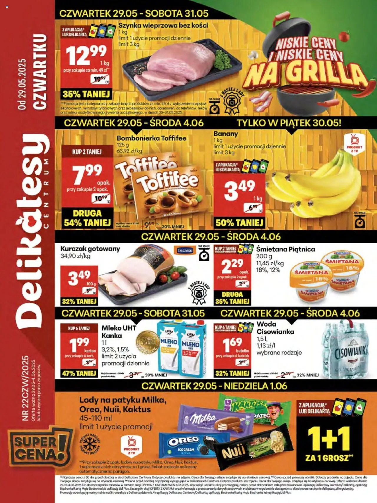 Delikatesy Centrum Gazetka od 29.05.2025 | Strona: 1 | Produkty: Mleka, Bombonierka, Szynka, Banany