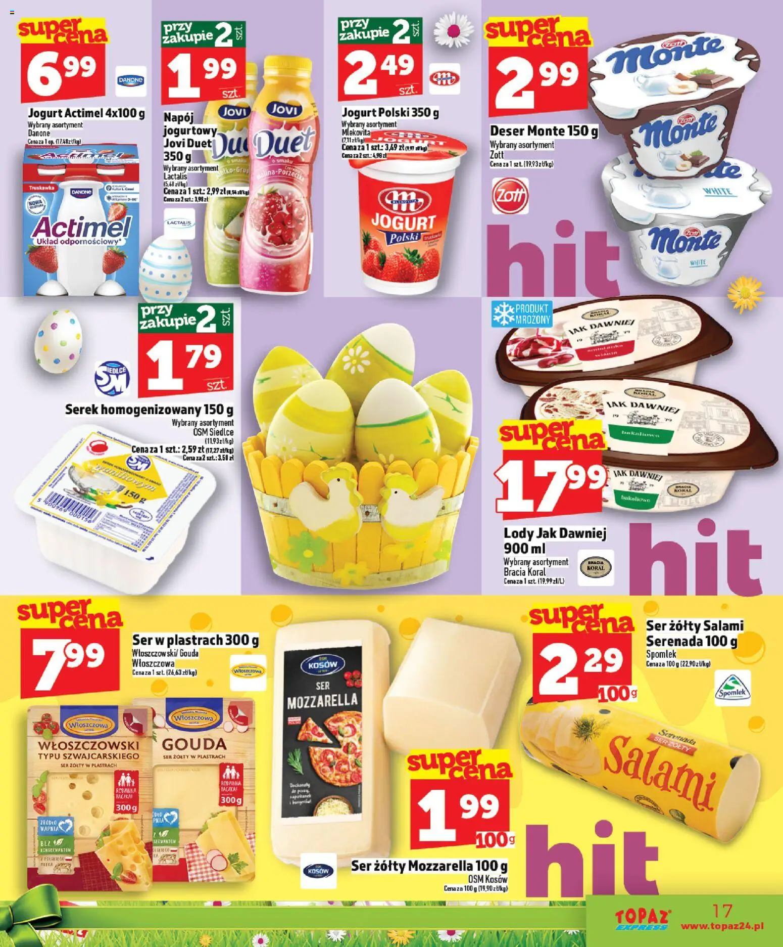Topaz gazetka - Express od 26.03.2026 | Strona: 17 | Produkty: Serek homogenizowany, Ser, Mozzarella, Lody