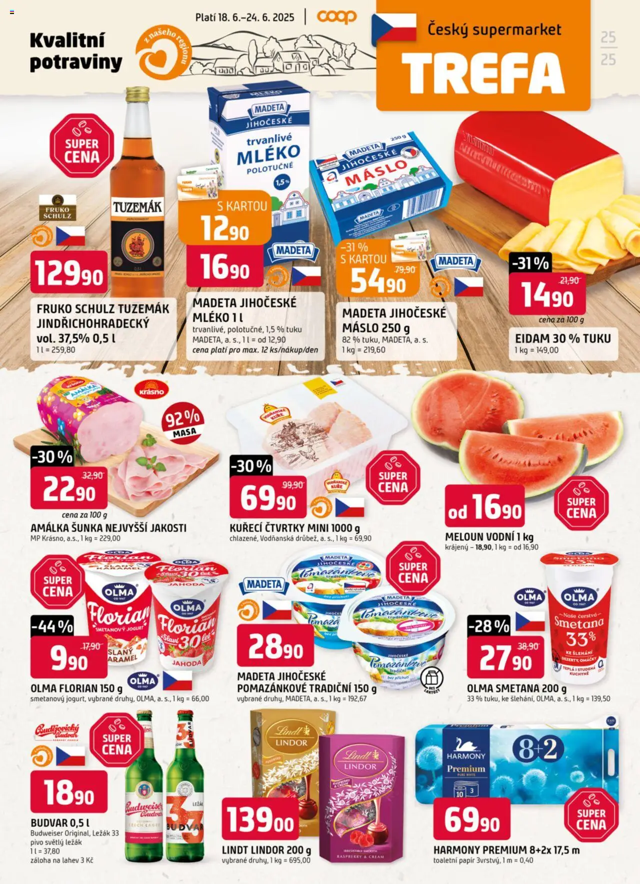 Trefa leták od 18.06.2025 | Strana: 1 | Produkty: Kuřecí čtvrtky, Potraviny, Tuzemák, Meloun vodní