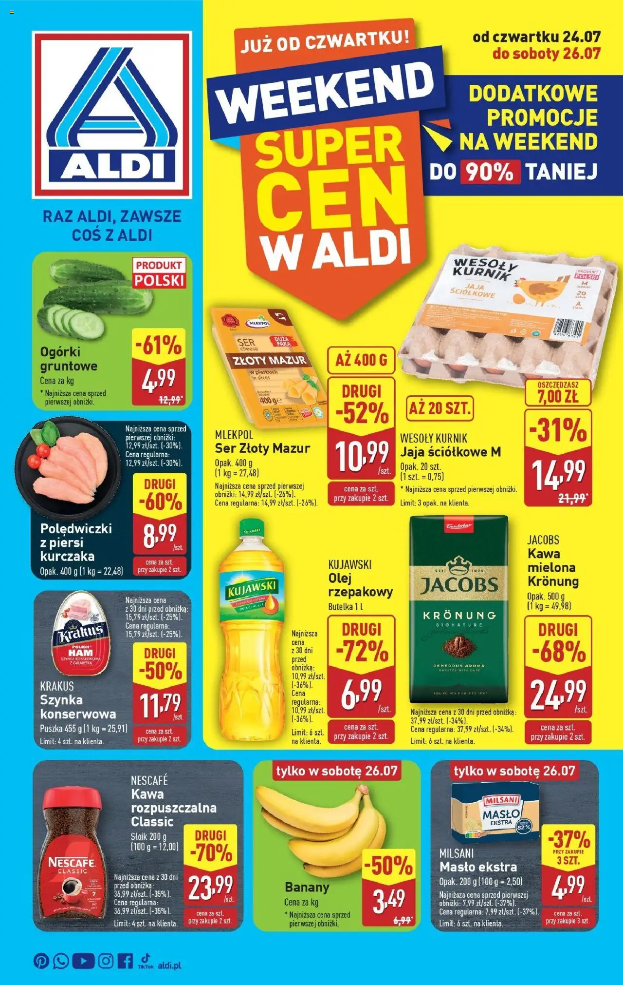 Aldi Gazetka - Okazje na weekend od 24.07.2025 | Strona: 1 | Produkty: Nescafe, Kawa, Banany, Jaja