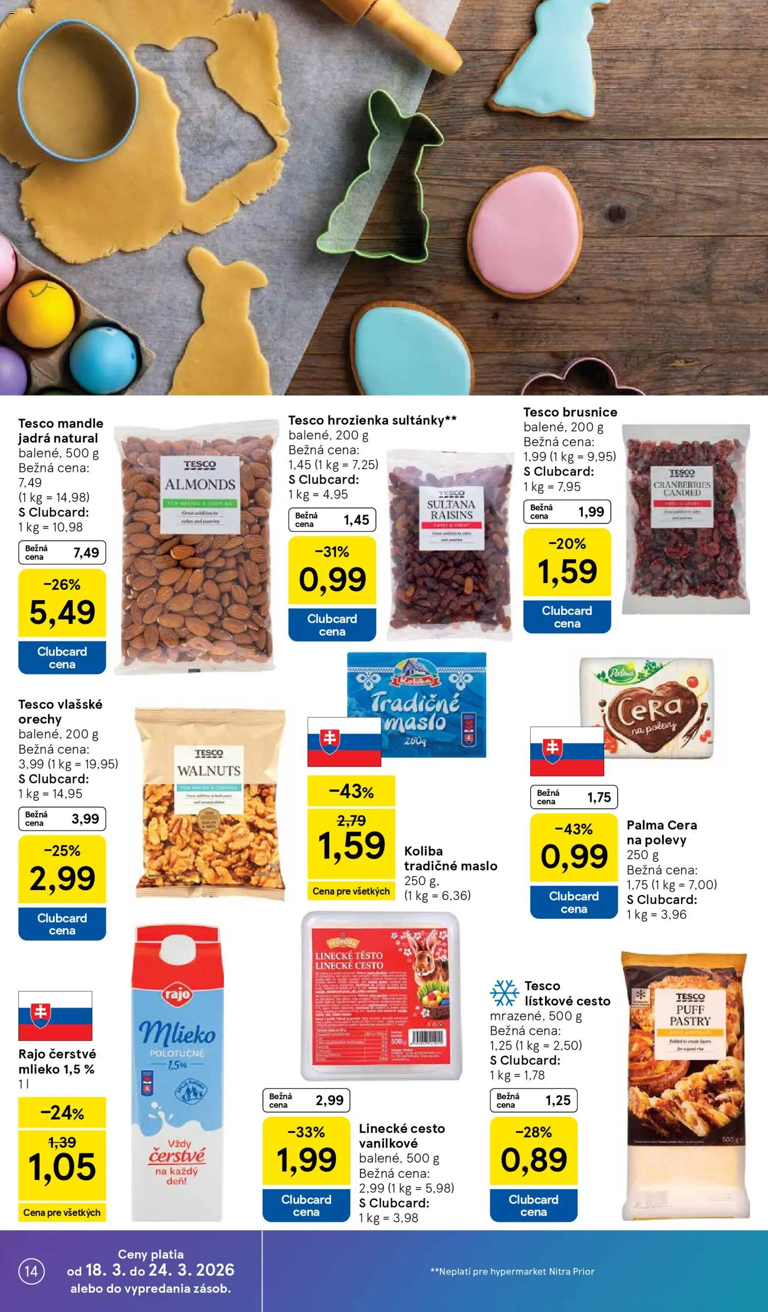 Nové Tesco akcie – leták je platný od 18.03.2026 | Strana: 14 | Produkty: Lístkové cesto, Hrozienka, Mandle, Vlašské orechy