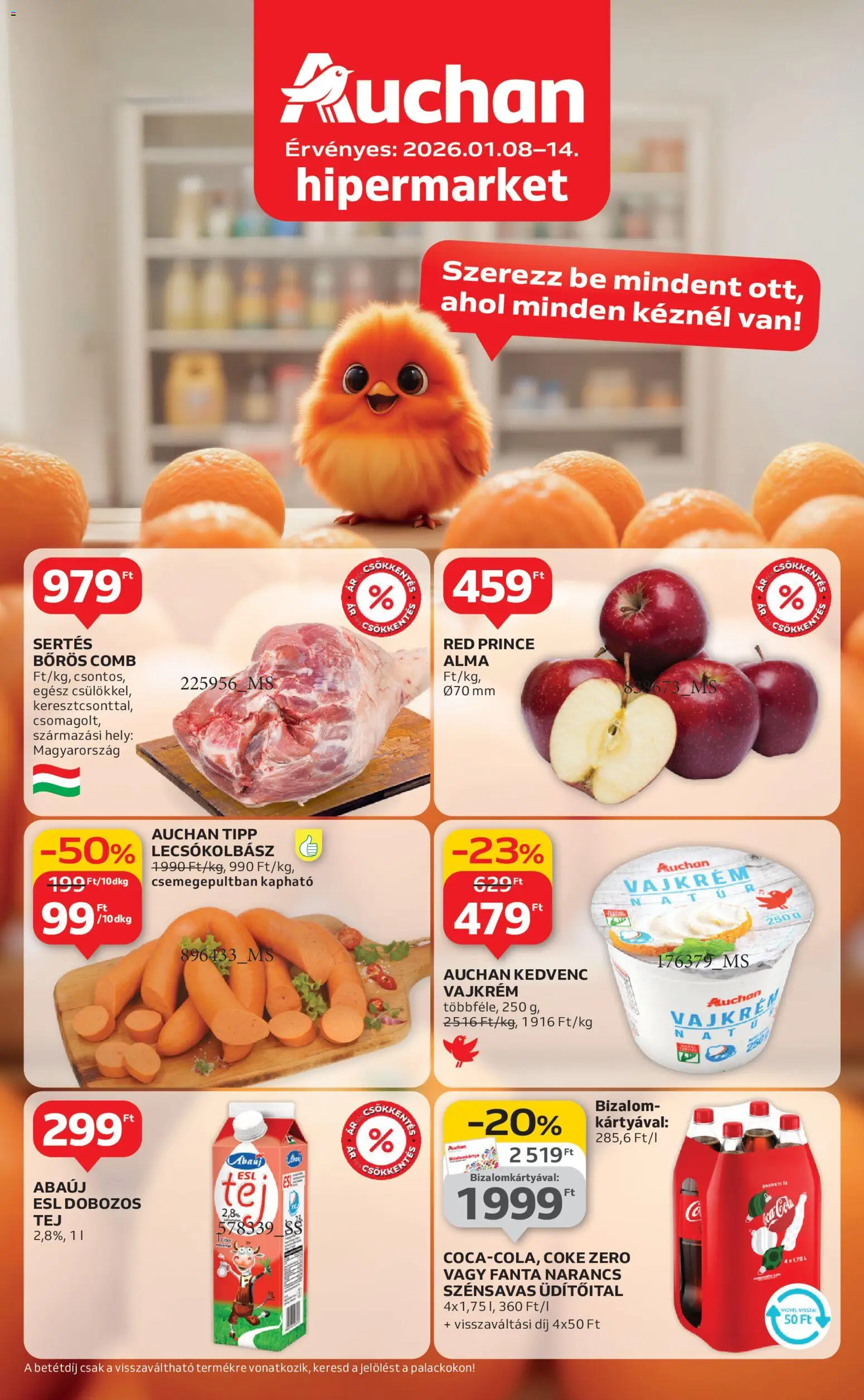Auchan akciós ujság - amely érvényes a következő dátumtól: 08.01.2026 | Oldal: 1 | Termékek: Fanta, Alma, Lecsókolbász, Vajkrém