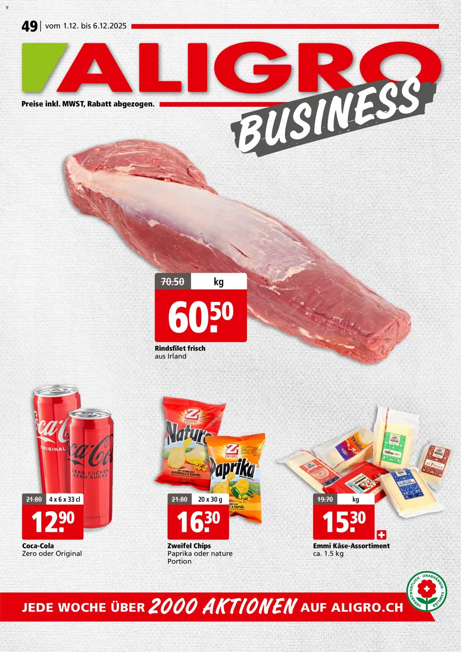 Aligro Aktionen Business Schlieren, Gossau SG, Frauenfeld, Rapperswil-Jona, Sargans, Bern, Brüttisellen, Pratteln, Emmen, Spreitenbach – gültig ab 01.12.2025 | Seite: 1 | Produkte: Rapsöl, Chips