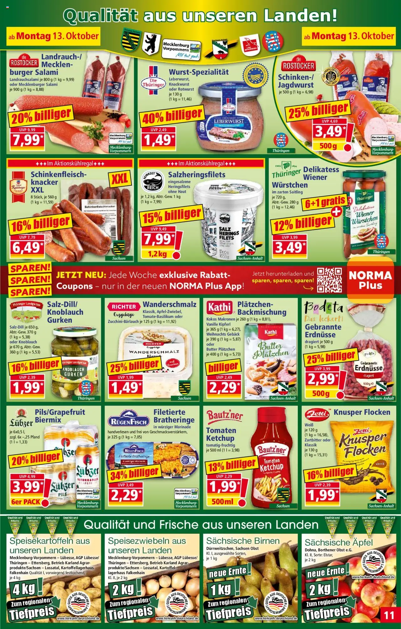 Norma Prospekt 	 – gültig ab 13.10.2025 | Seite: 11 | Produkte: Tomaten, Knoblauch, Salami, Flocken