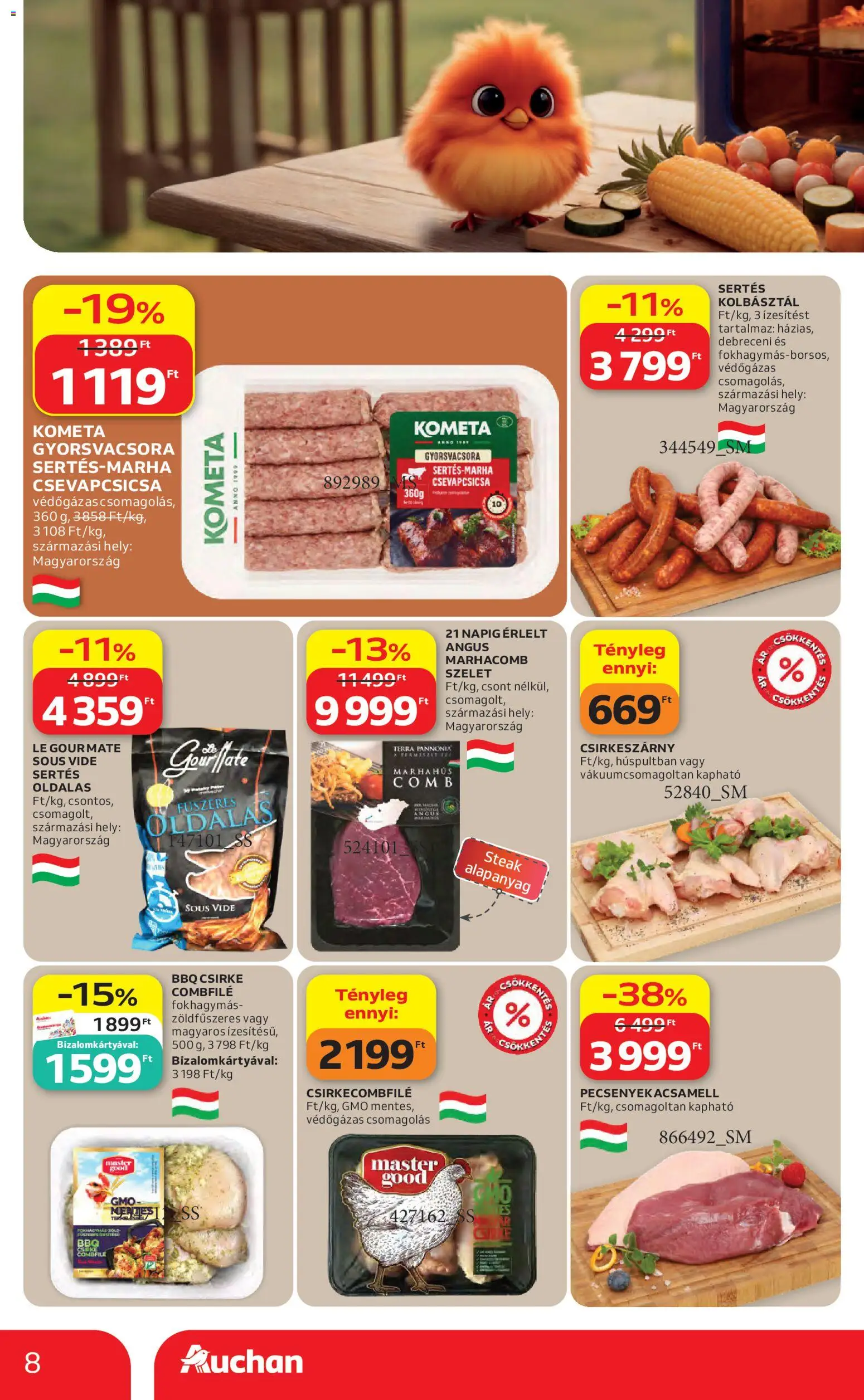Auchan akciós ujság - amely érvényes a következő dátumtól: 30.04.2026 | Oldal: 8 | Termékek: Debreceni, Csirkecombfile, Marhahús, Marhacomb