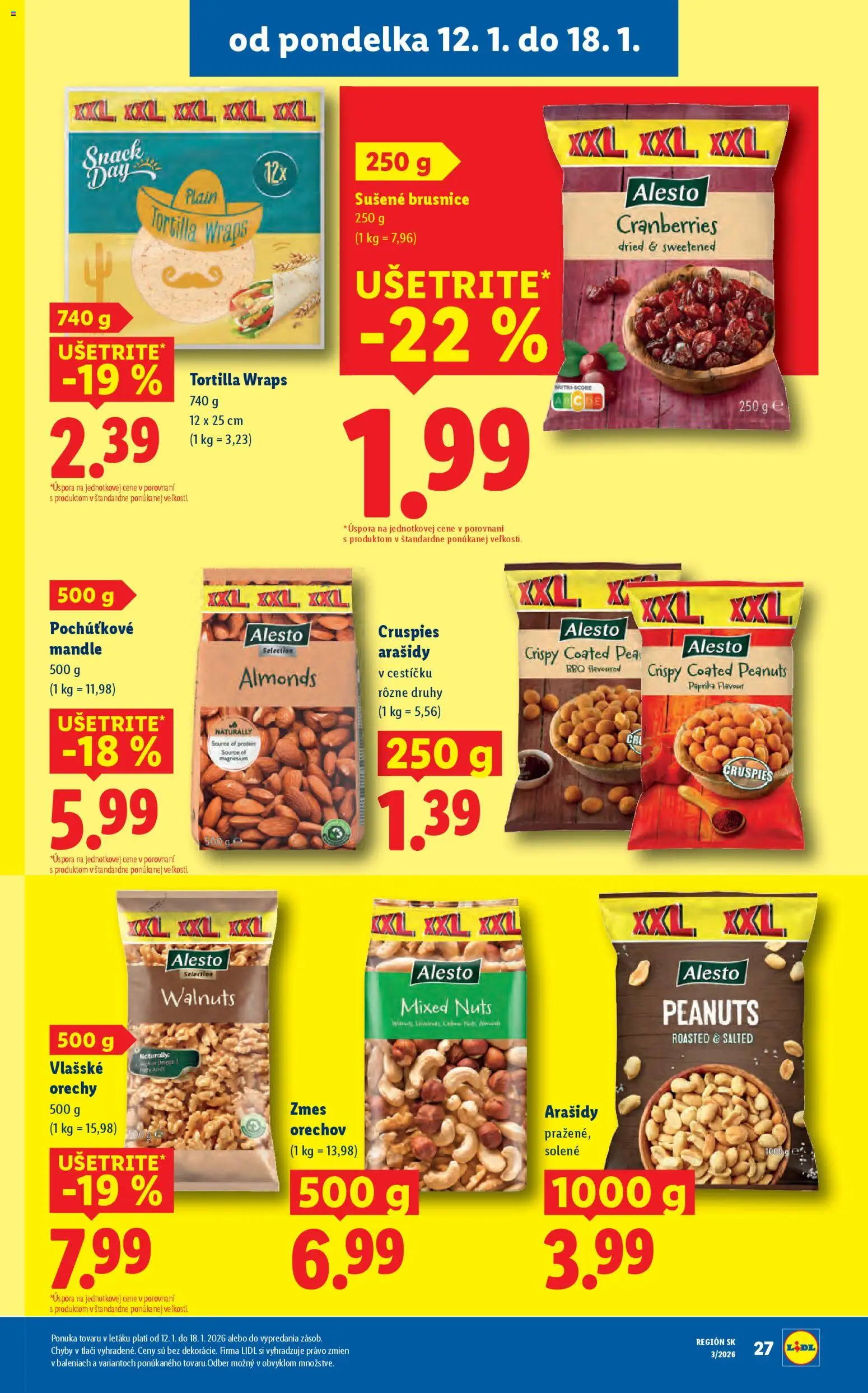 Nové Lidl akcie – leták je platný od 12.01.2026 | Strana: 27 | Produkty: Tortilla, Protein, Mandle, Vlašské orechy