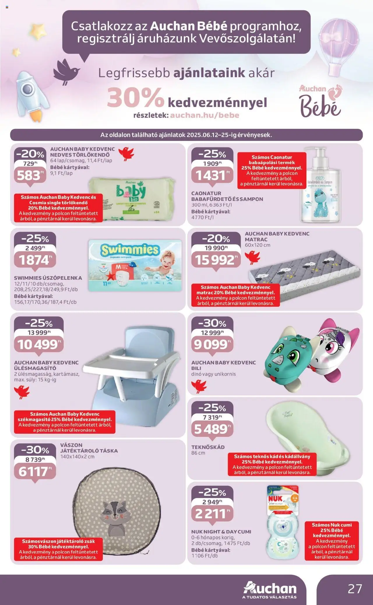 Auchan akciós ujság - amely érvényes a következő dátumtól: 12.06.2025 | Oldal: 27 | Termékek: Törlőkendő, Matrac, Nedves törlőkendő, Sampon