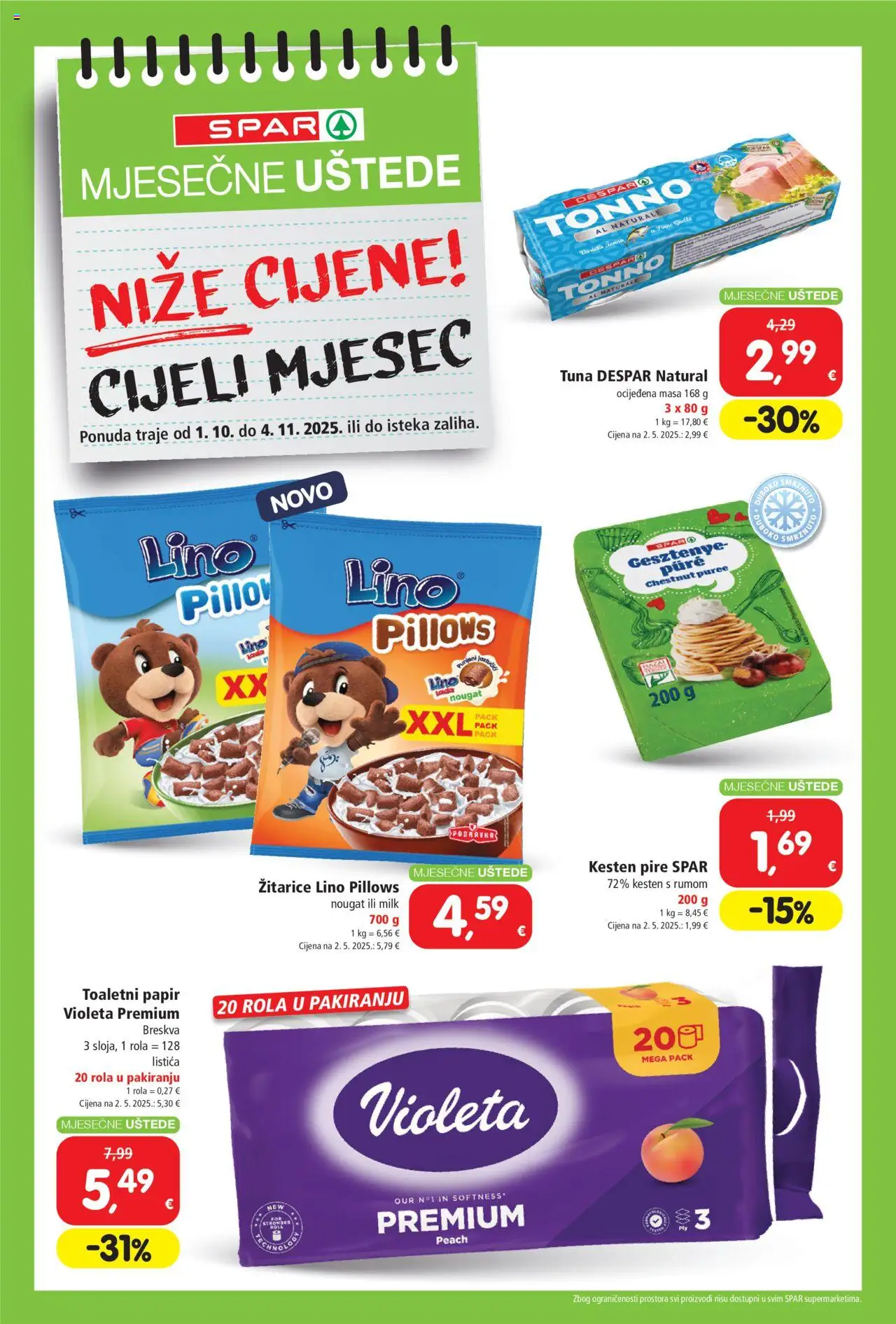 Spar katalog | vrijedi od 01.10.2025 | Stranica: 1 | Proizvodi: Kesten, Lino Lada, Toaletni papir, Breskva