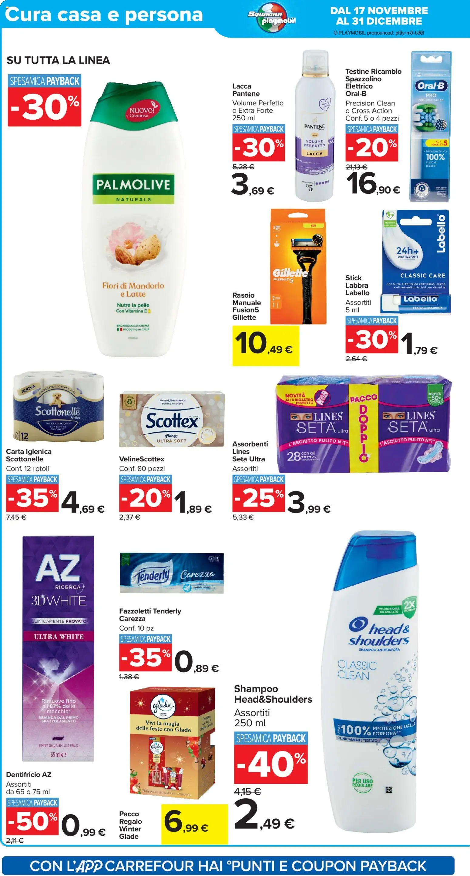 Volantino Carrefour del 17.11.2025 | Pagina: 18 | Prodotti: Shampoo, Rasoio, Spazzolino, Fazzoletti