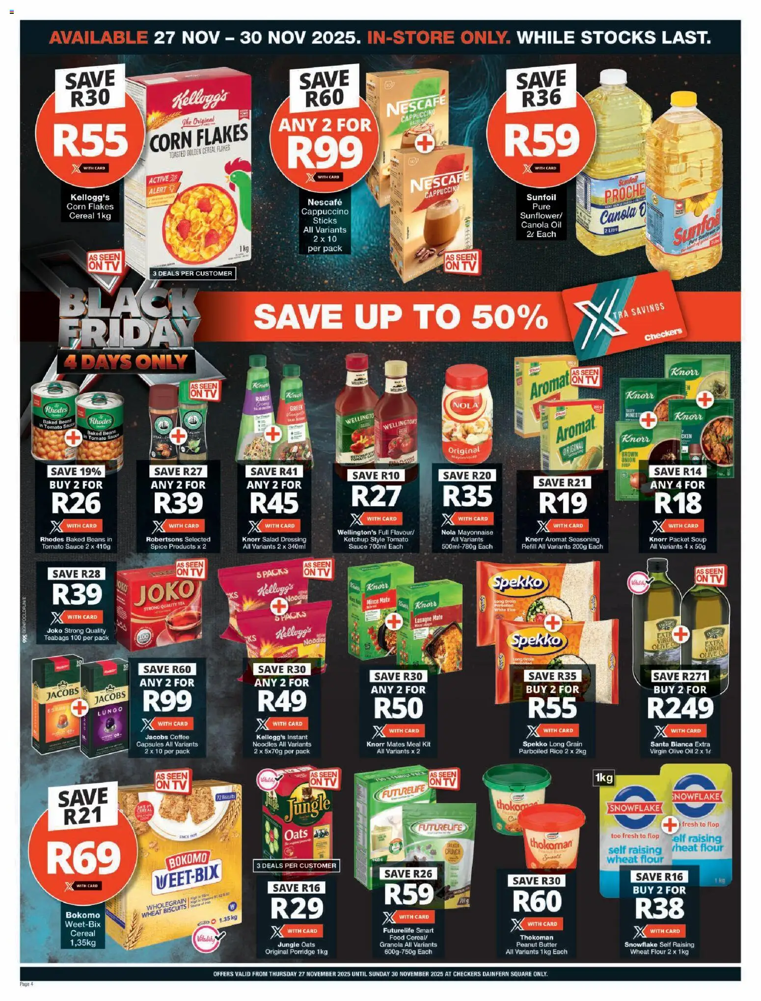 New Checkers catalogue – valid from 27.11.2025 | Page: 4 | Products: Flour, Oil, Tomato sauce, Dressing