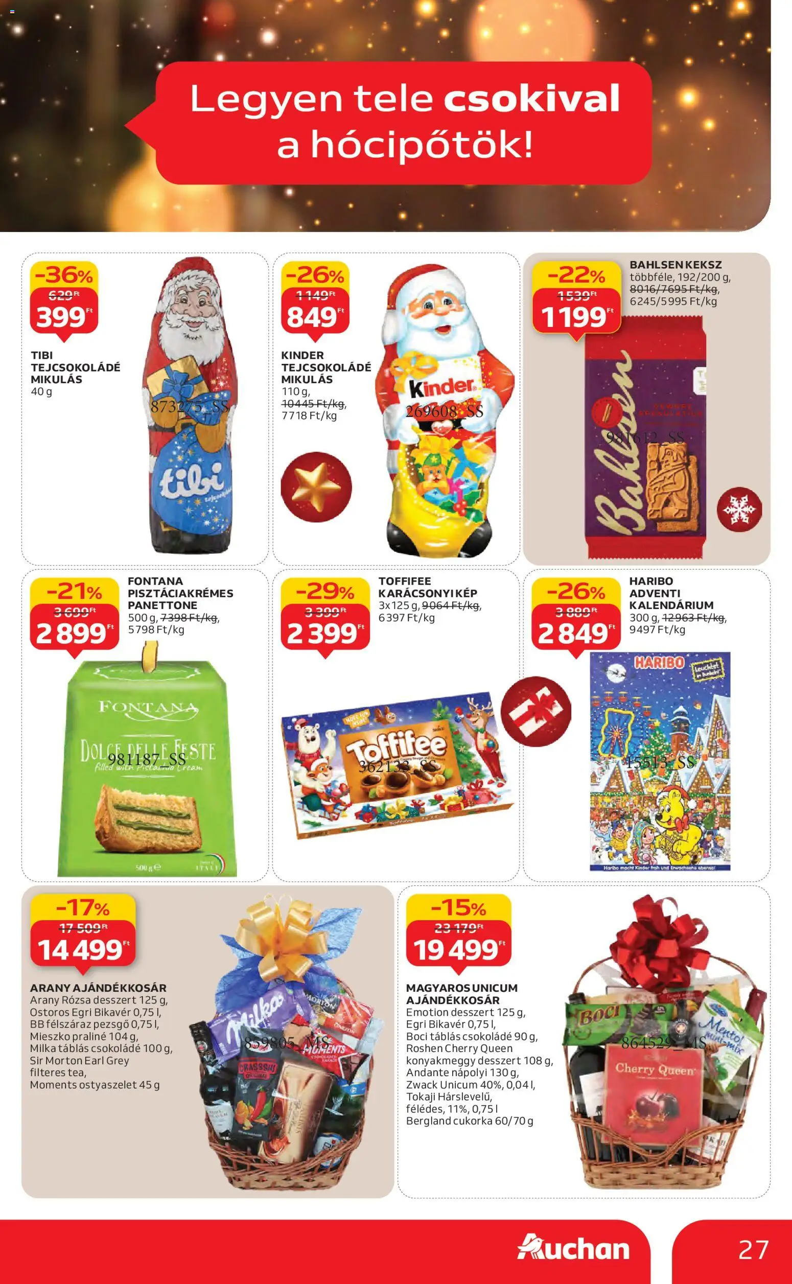 Auchan akciós ujság - amely érvényes a következő dátumtól: 27.11.2025 | Oldal: 27 | Termékek: Ostyaszelet, Toffifee, Csokoládé, Cukorka