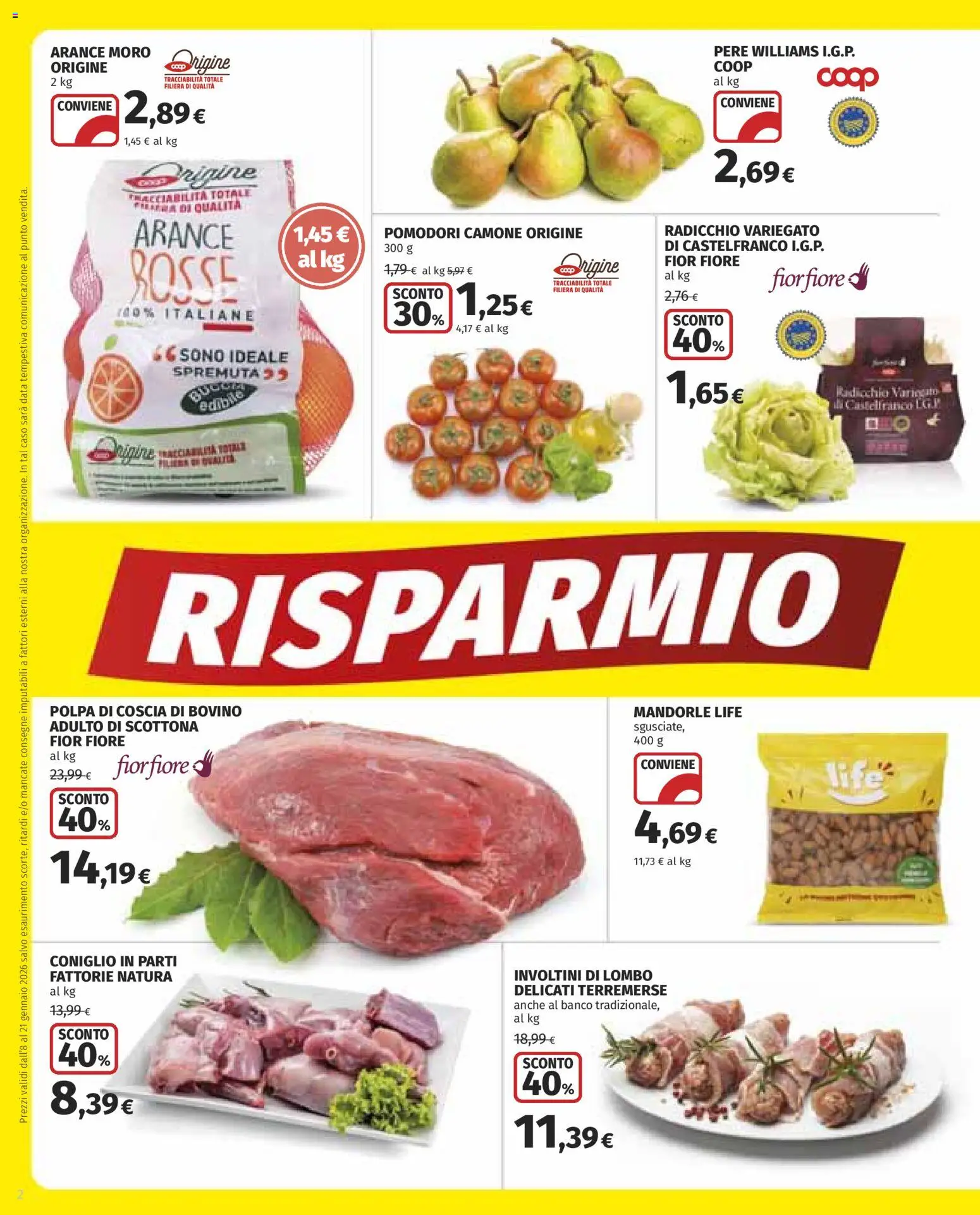 Volantino COOP del 08.01.2026 | Pagina: 2 | Prodotti: Arance, Pomodori, Mandorle, Data