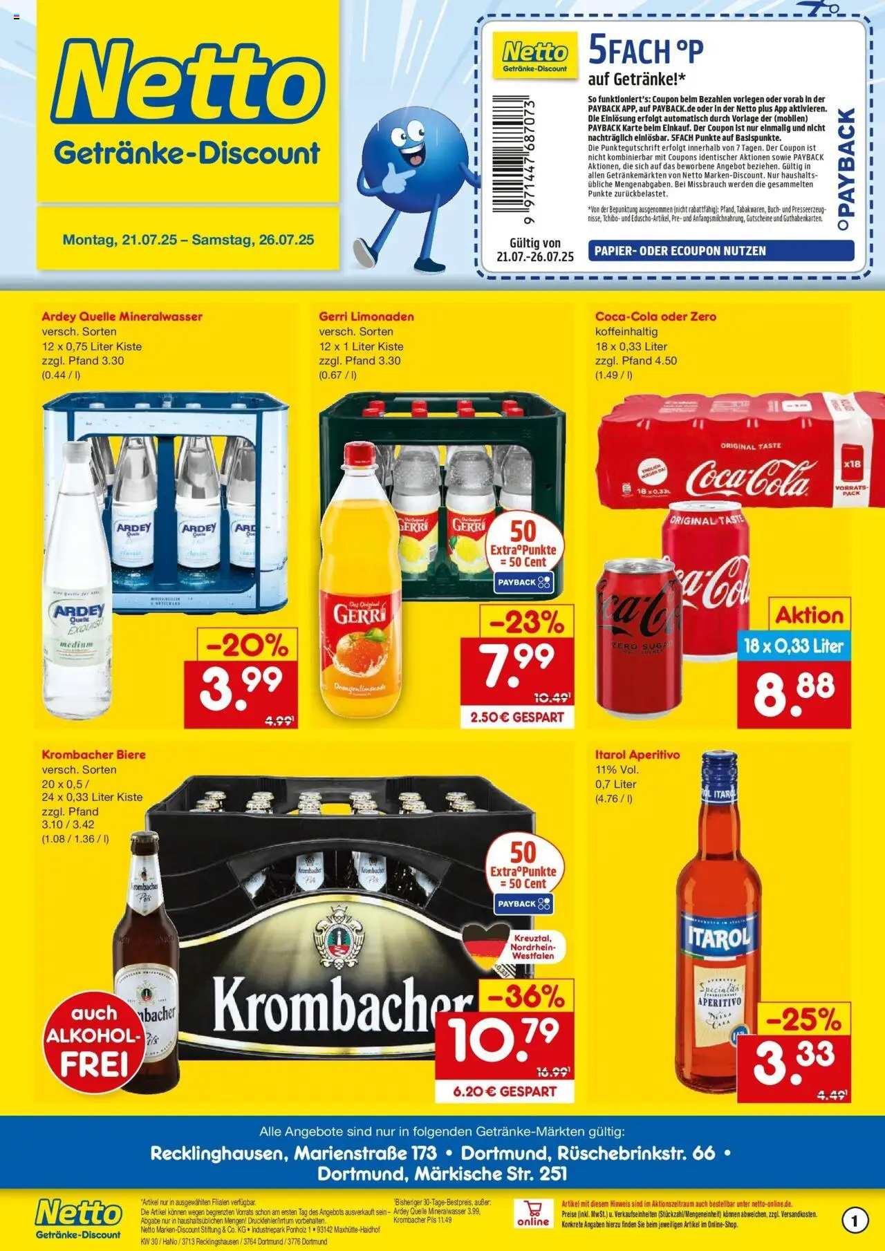 Netto Marken-Discount prospekt Dortmund	 - gültig ab dem 21.07.2025 | Seite: 1 | Produkte: Pils, Mineralwasser, Krombacher