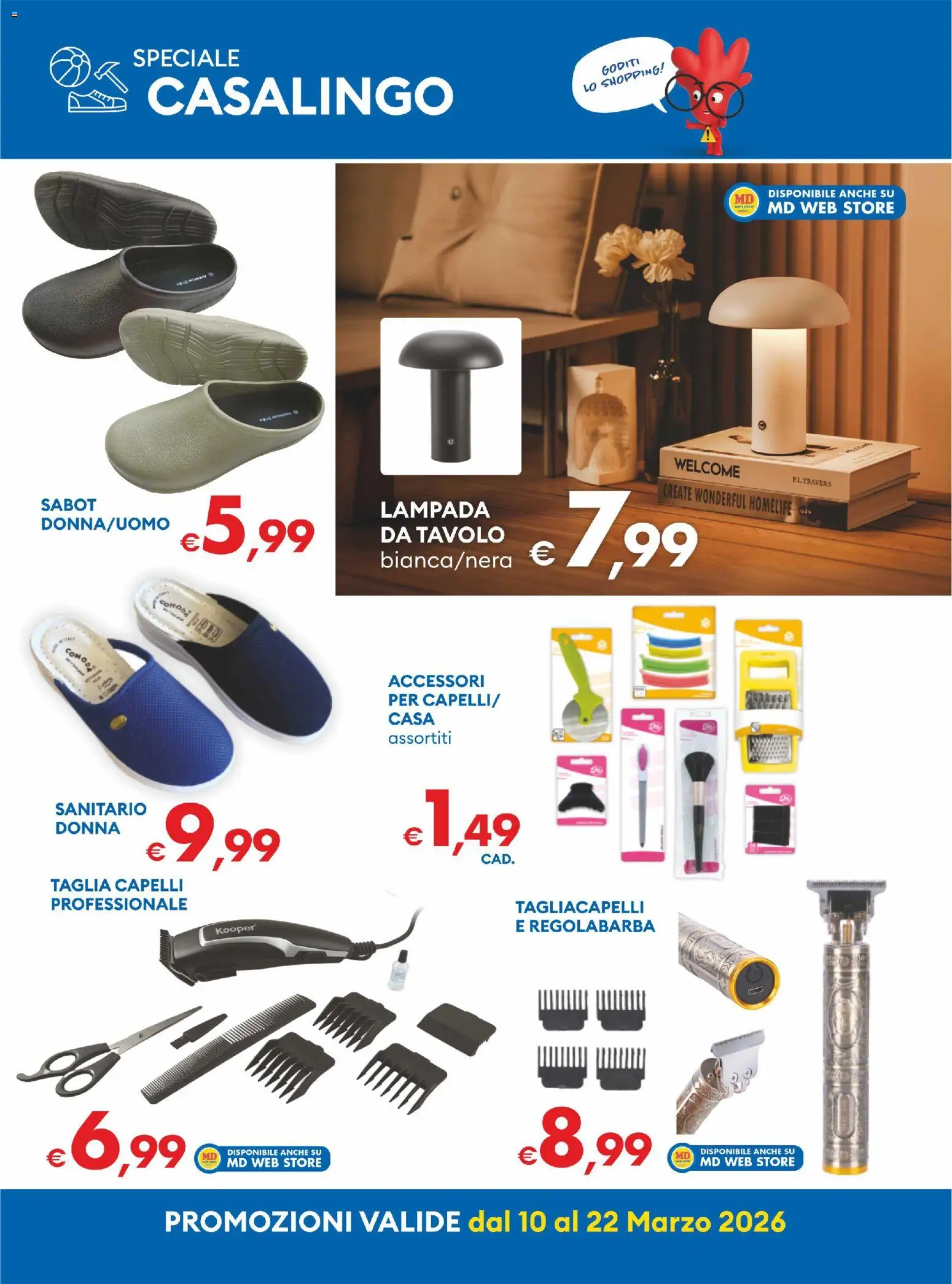 Volantino MD Discount del 10.03.2026 | Pagina: 28 | Prodotti: Regolabarba, Sabot, Tavolo, Lampada