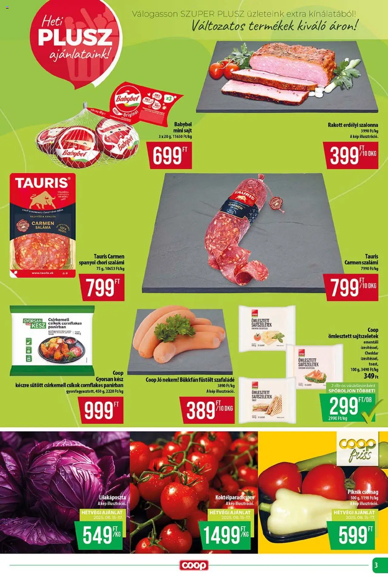 COOP akciós ujság - amely érvényes a következő dátumtól: 14.08.2025 | Oldal: 3 | Termékek: Koktélparadicsom, Sajt, Cheddar, Csirkemell