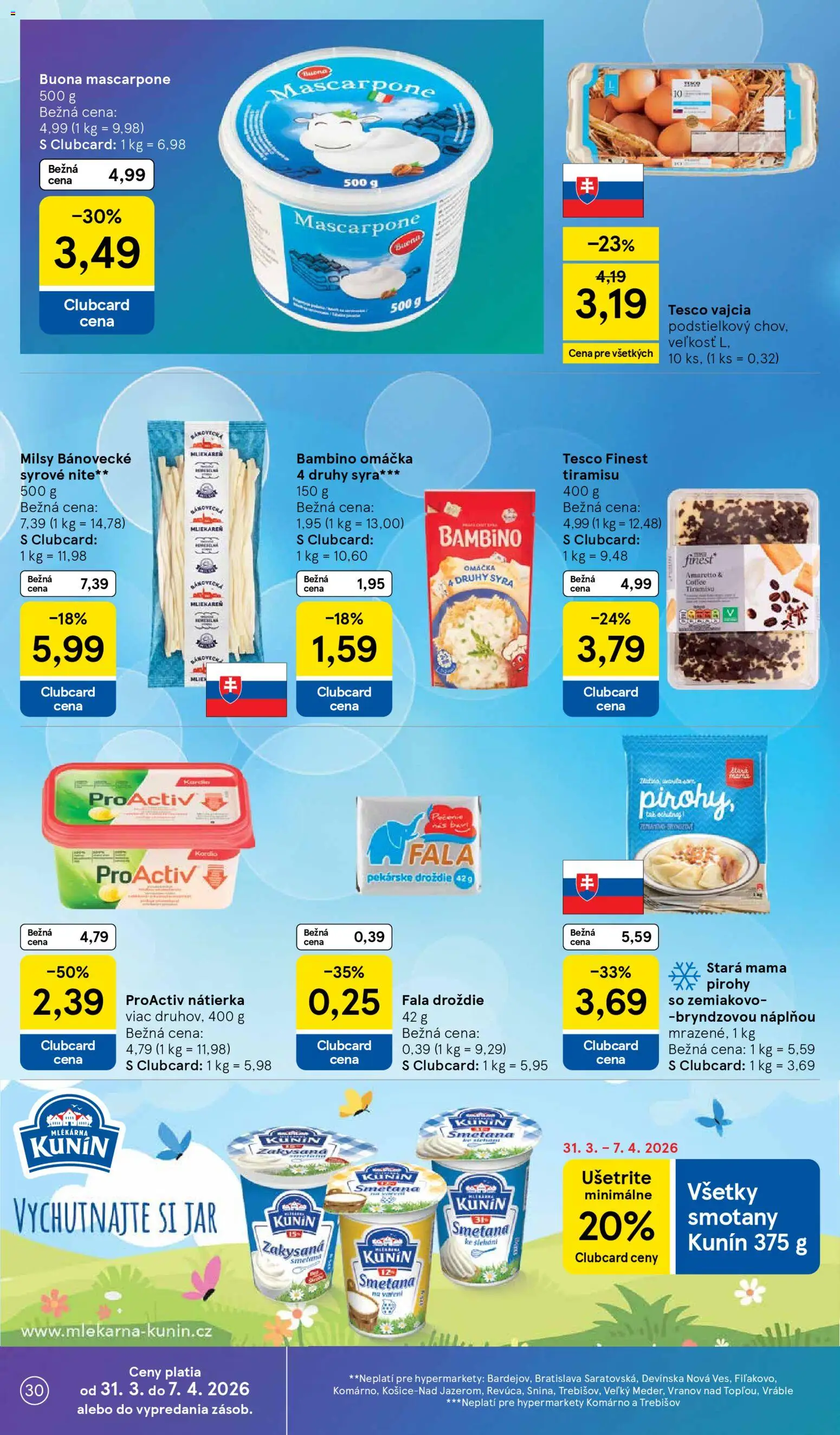 Nové Tesco akcie – leták je platný od 31.03.2026 | Strana: 30 | Produkty: Pirohy, Omáčka, Mascarpone, Jar