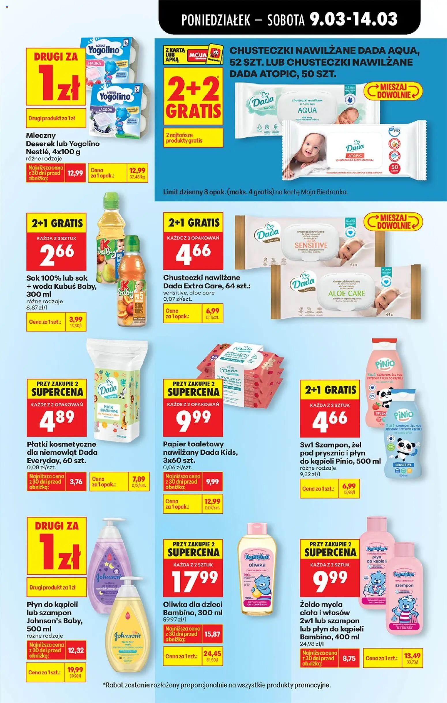 Biedronka gazetka od poniedziałku od 09.03.2026 | Strona: 69 | Produkty: Papier toaletowy, Płyn do kąpieli, Płatki kosmetyczne dla niemowląt Dada, Żel pod prysznic