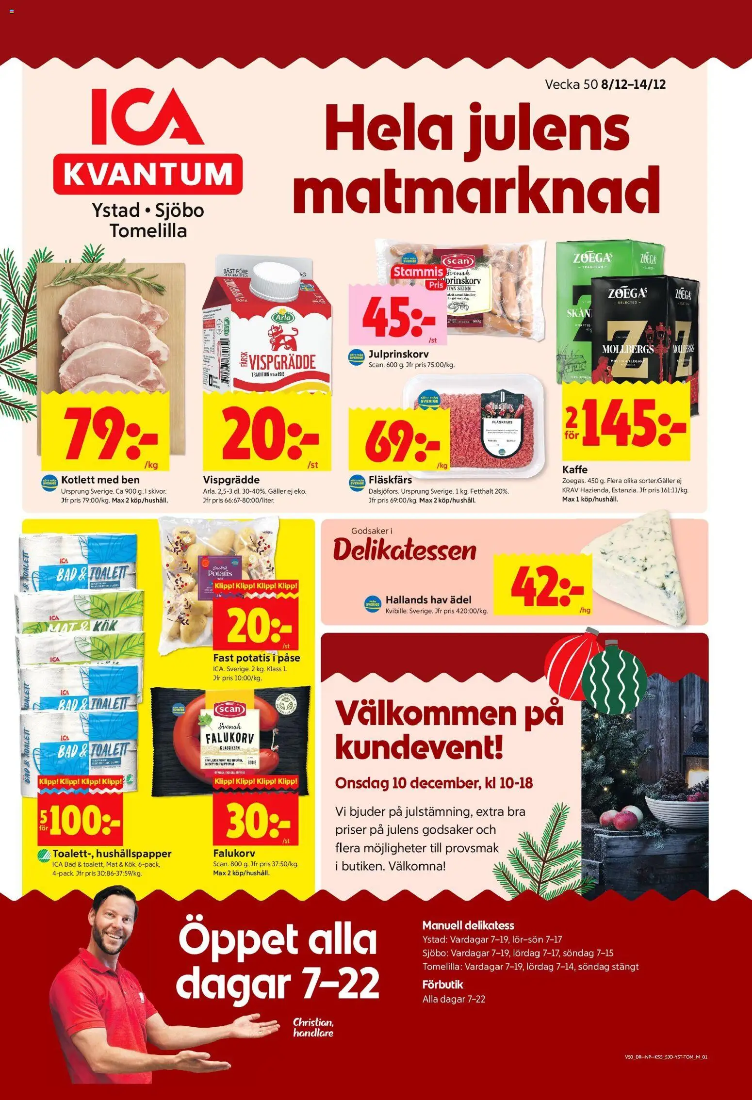 ICA Kvantum reklamblad aktuell från 08.12.2025 | Sida: 1 | Produkter: Hushållspapper, Falukorv, Potatis, Vispgrädde