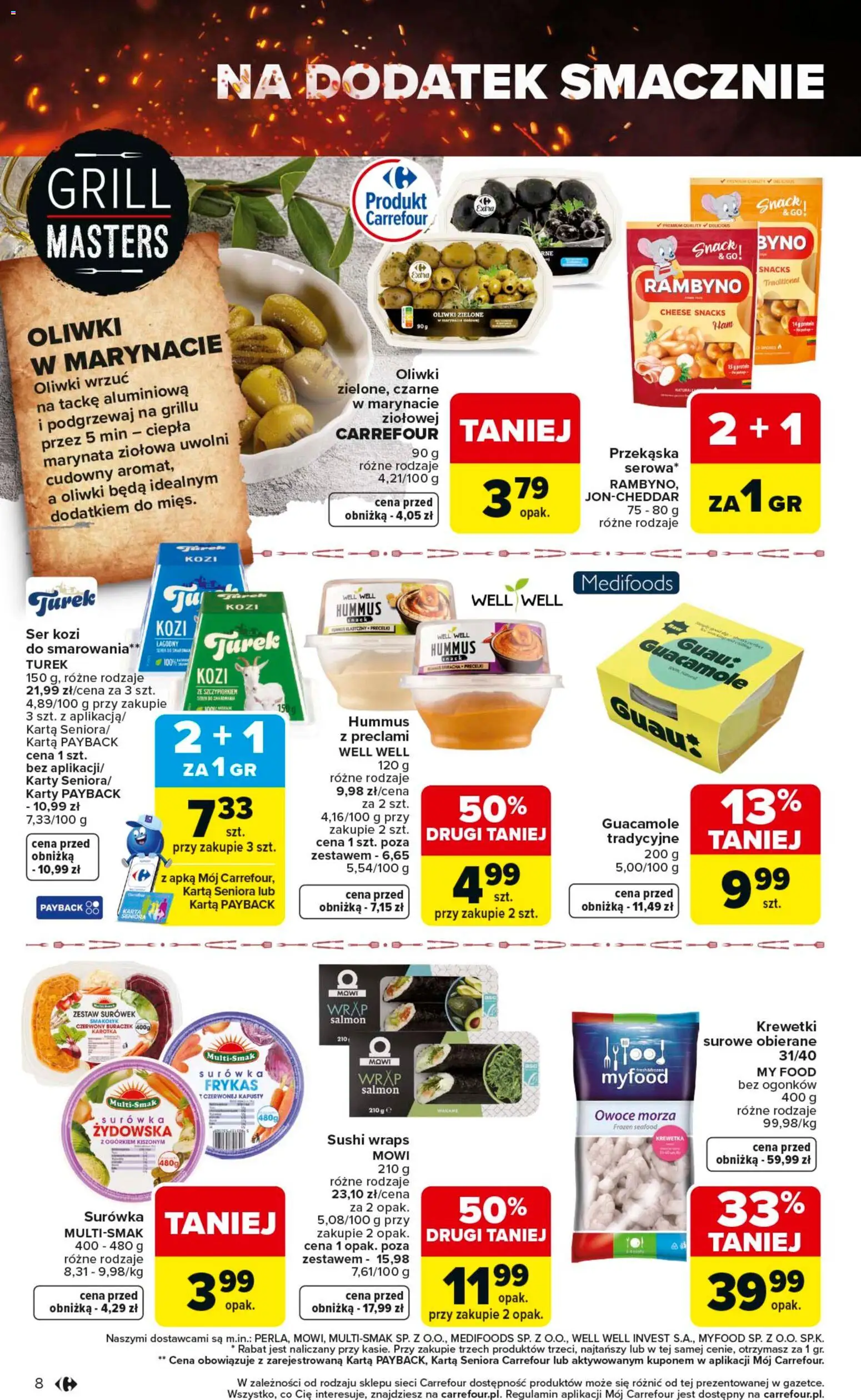 Carrefour gazetka - Misja:Grill Cię wzywa od 23.04.2026 | Strona: 8 | Produkty: Grill, Oliwki zielone, Sushi, Owoce morza