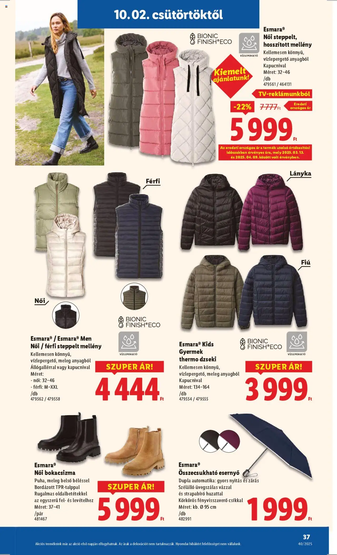 Lidl akciós ujság - amely érvényes a következő dátumtól: 02.10.2025 | Oldal: 37 | Termékek: Esernyő, Bokacsizma, Mellény, Dzseki
