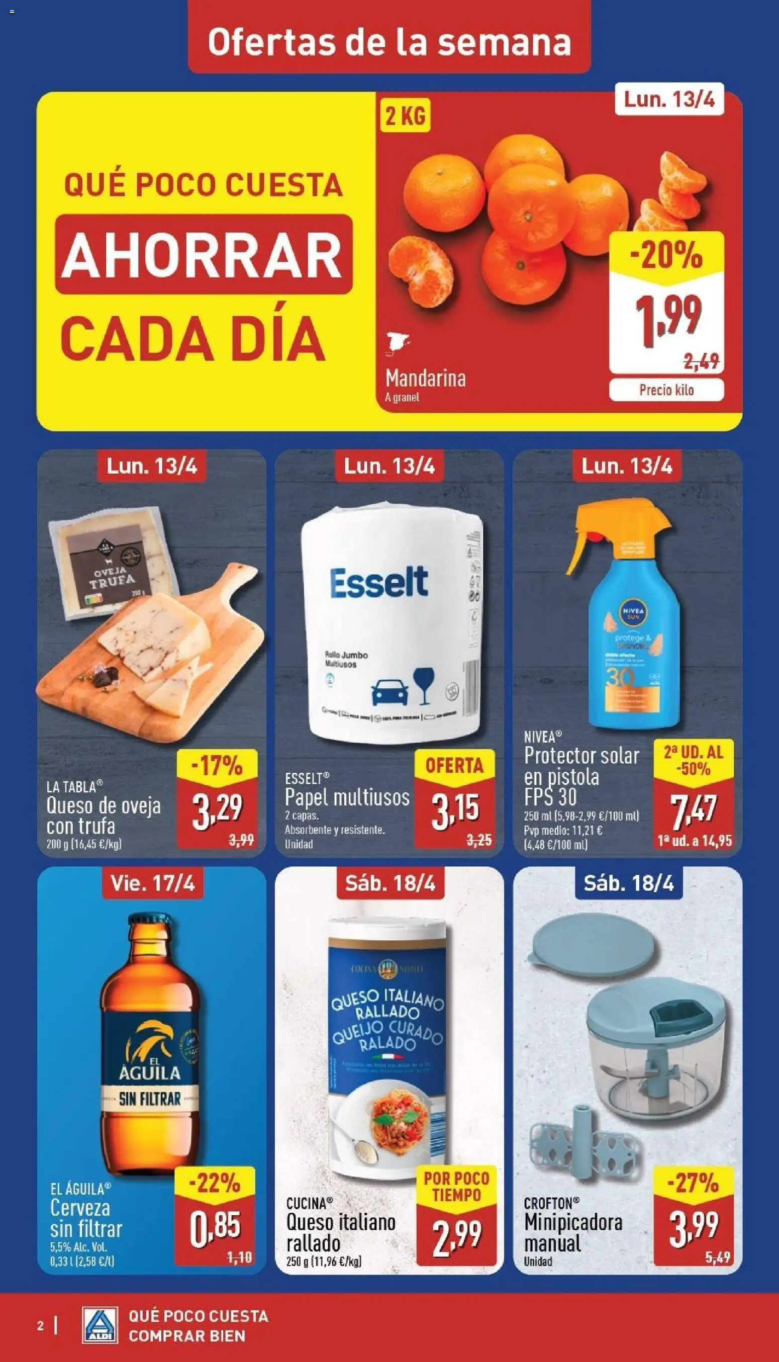 Aldi folleto Canarias │ válido desde el 13.04.2026 | Página: 2 | Productos: Protector solar, Queso de oveja, Queso, Cerveza