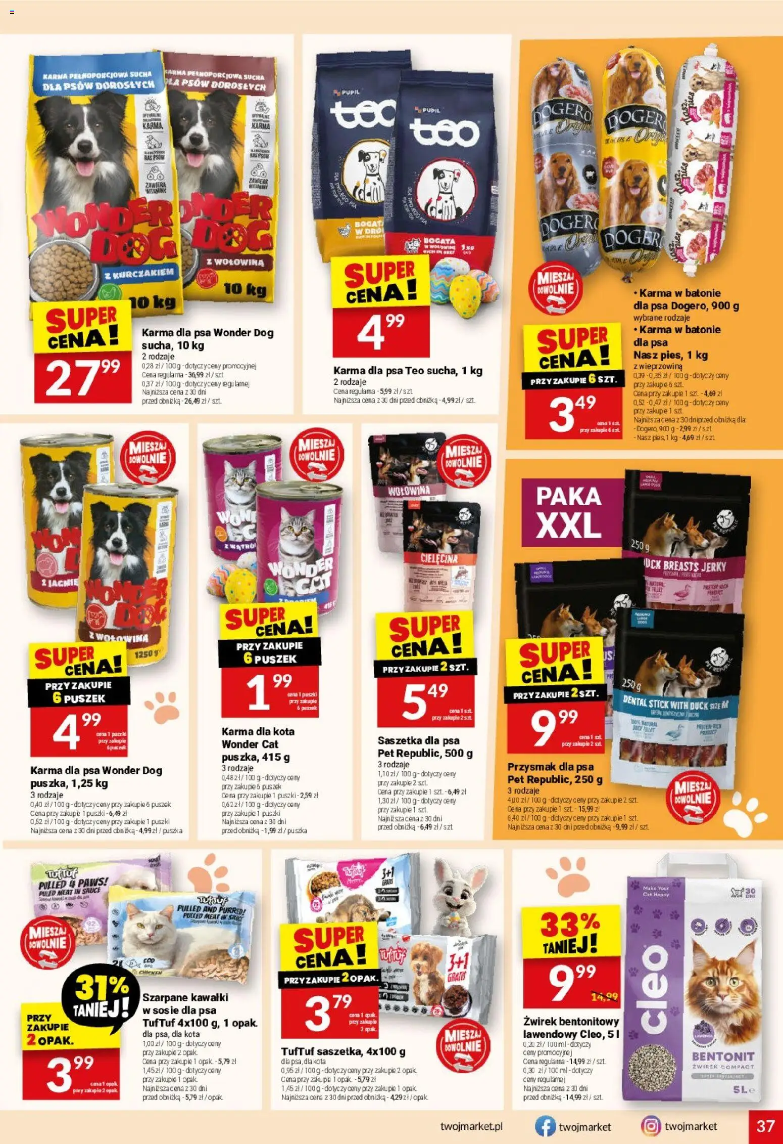 Twój Market gazetka od 11.03.2026 | Strona: 37 | Produkty: Karma dla kota, Karma dla psa, Żwirek bentonitowy, Wołowina