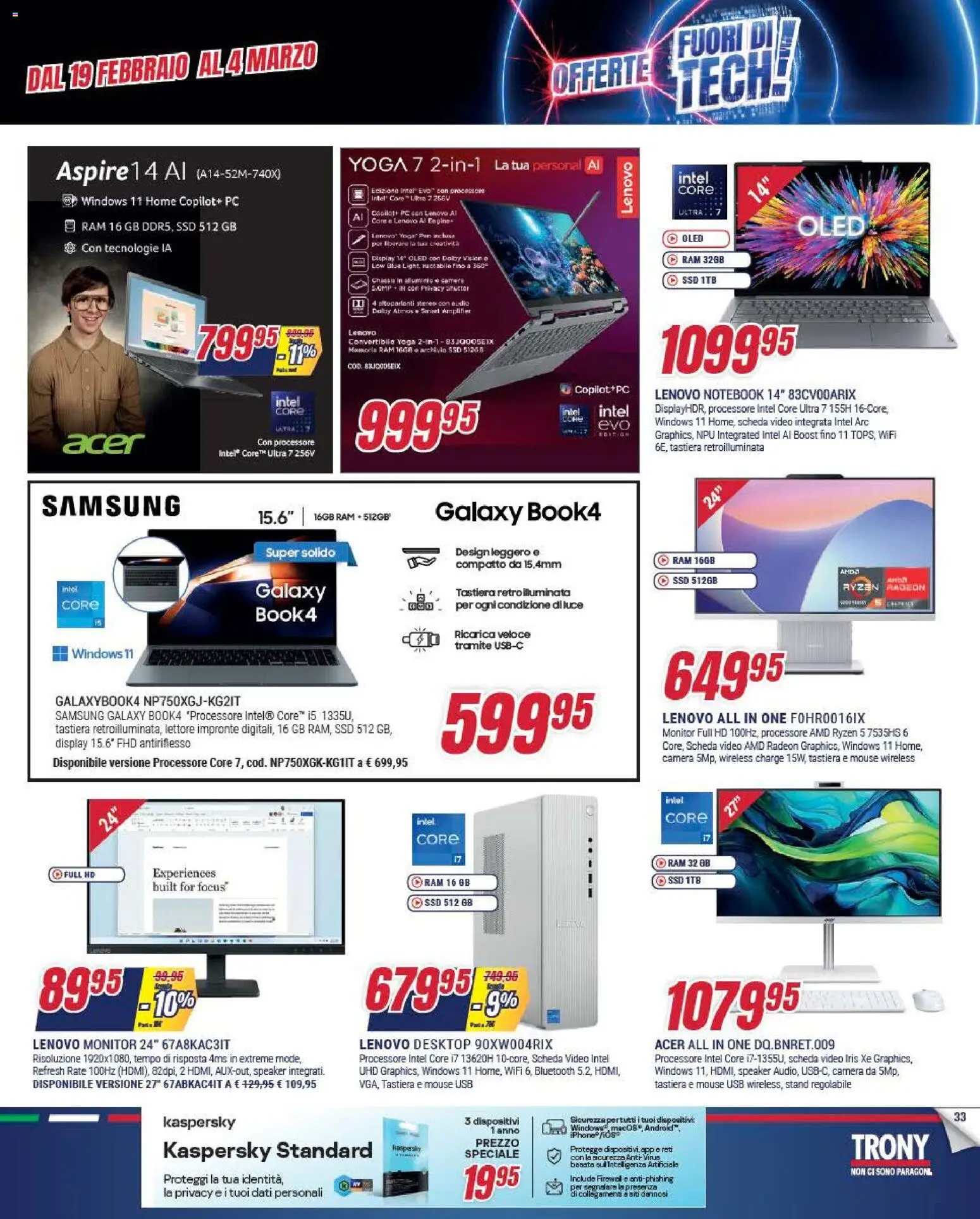 Volantino Trony del 19.02.2026 | Pagina: 33 | Prodotti: Monitor, Samsung Galaxy, Tastiera, USB