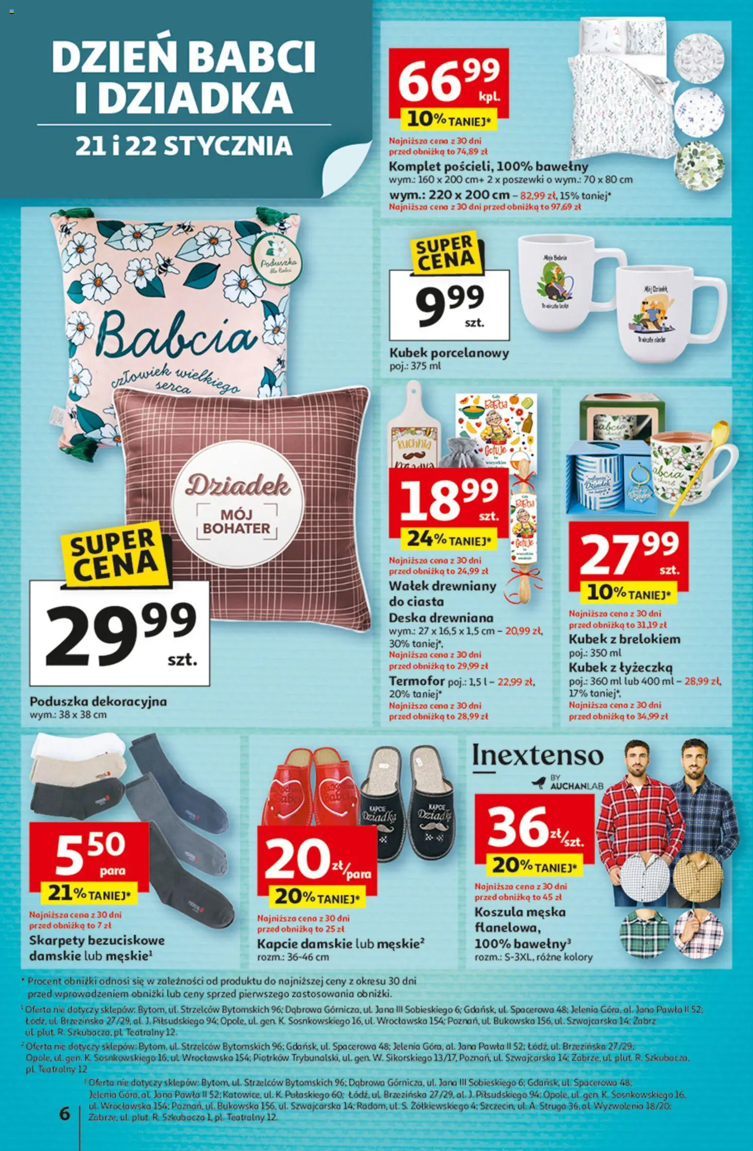 Auchan Gazetka - 30 Lat Hipermarket od 15.01.2026 | Strona: 6 | Produkty: Koszula, Skarpety, Kapcie, Poduszka