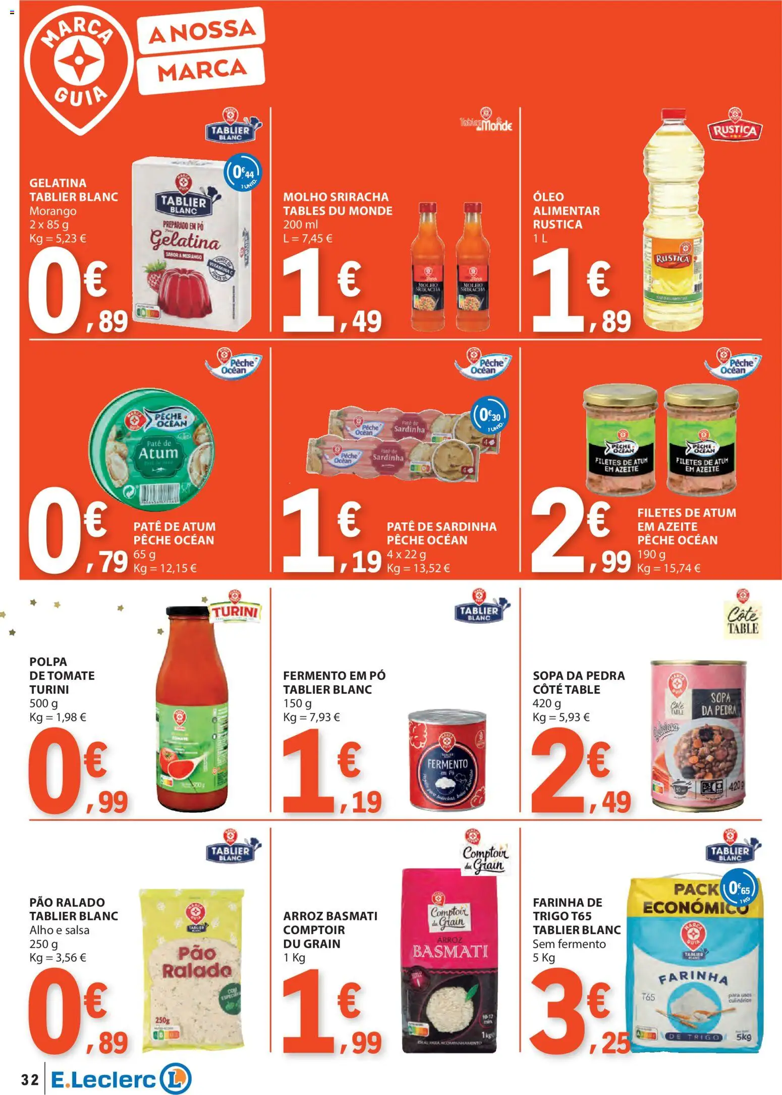 E.Leclerc folheto │ válido de 11.12.2025 | Página: 32 | Produtos: Sriracha, Arroz basmati, Sopa, Pão