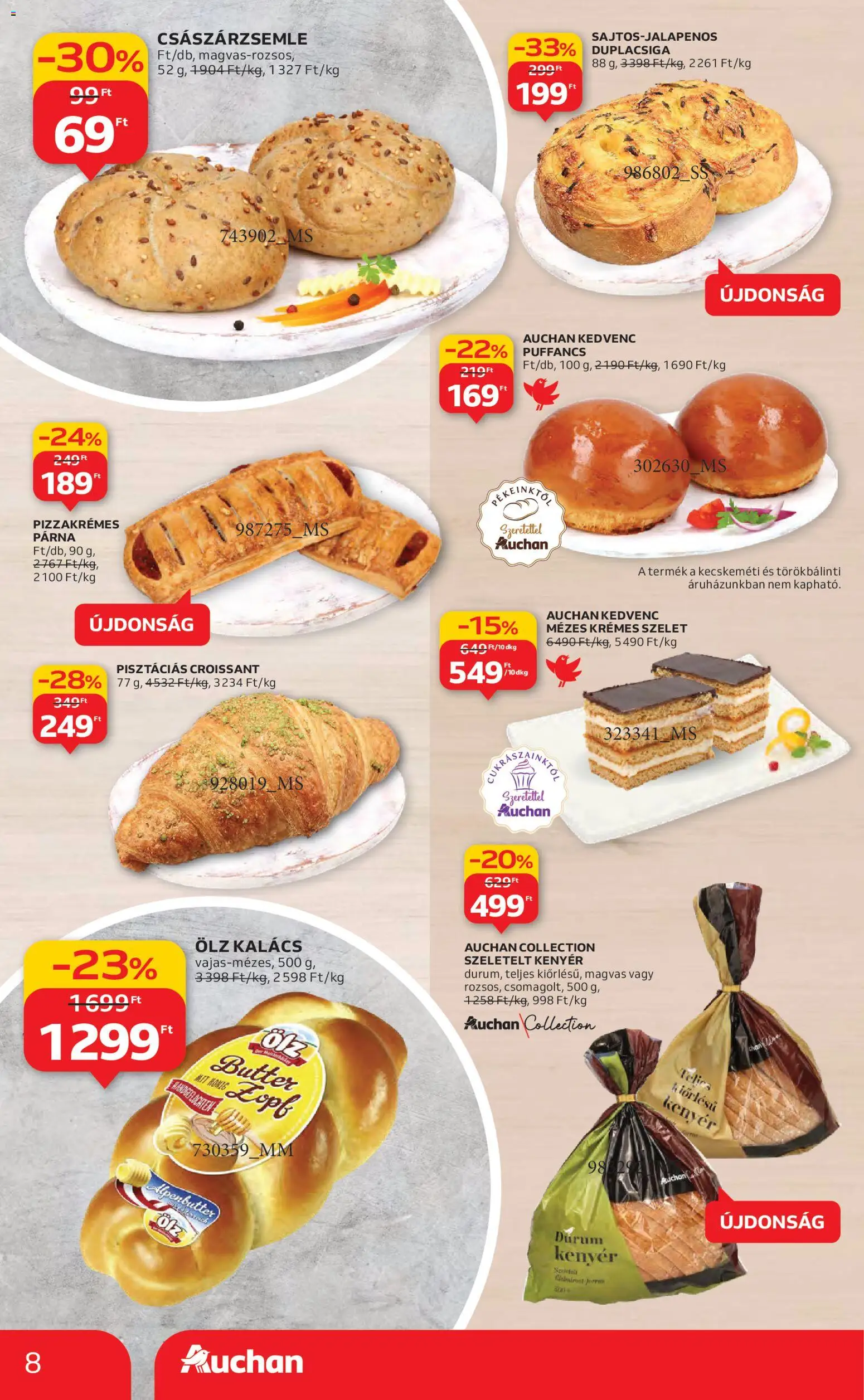 Auchan akciós ujság - amely érvényes a következő dátumtól: 30.10.2025 | Oldal: 8 | Termékek: Croissant, Császárzsemle, Kalács, Kenyér