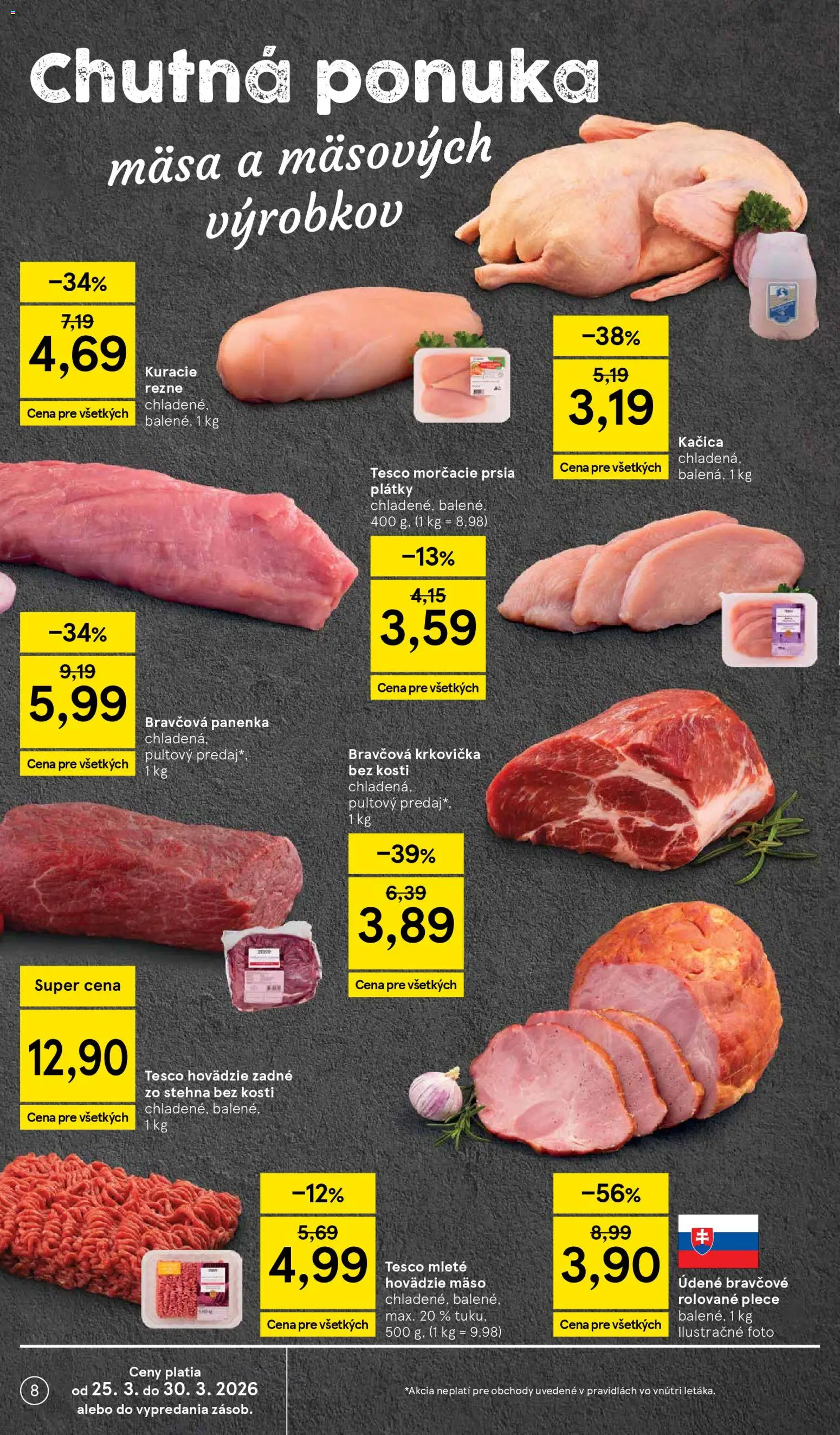 Nové Tesco akcie – leták je platný od 25.03.2026 | Strana: 8 | Produkty: Bravčová panenka, Kačica, Kuracie rezne, Krkovička