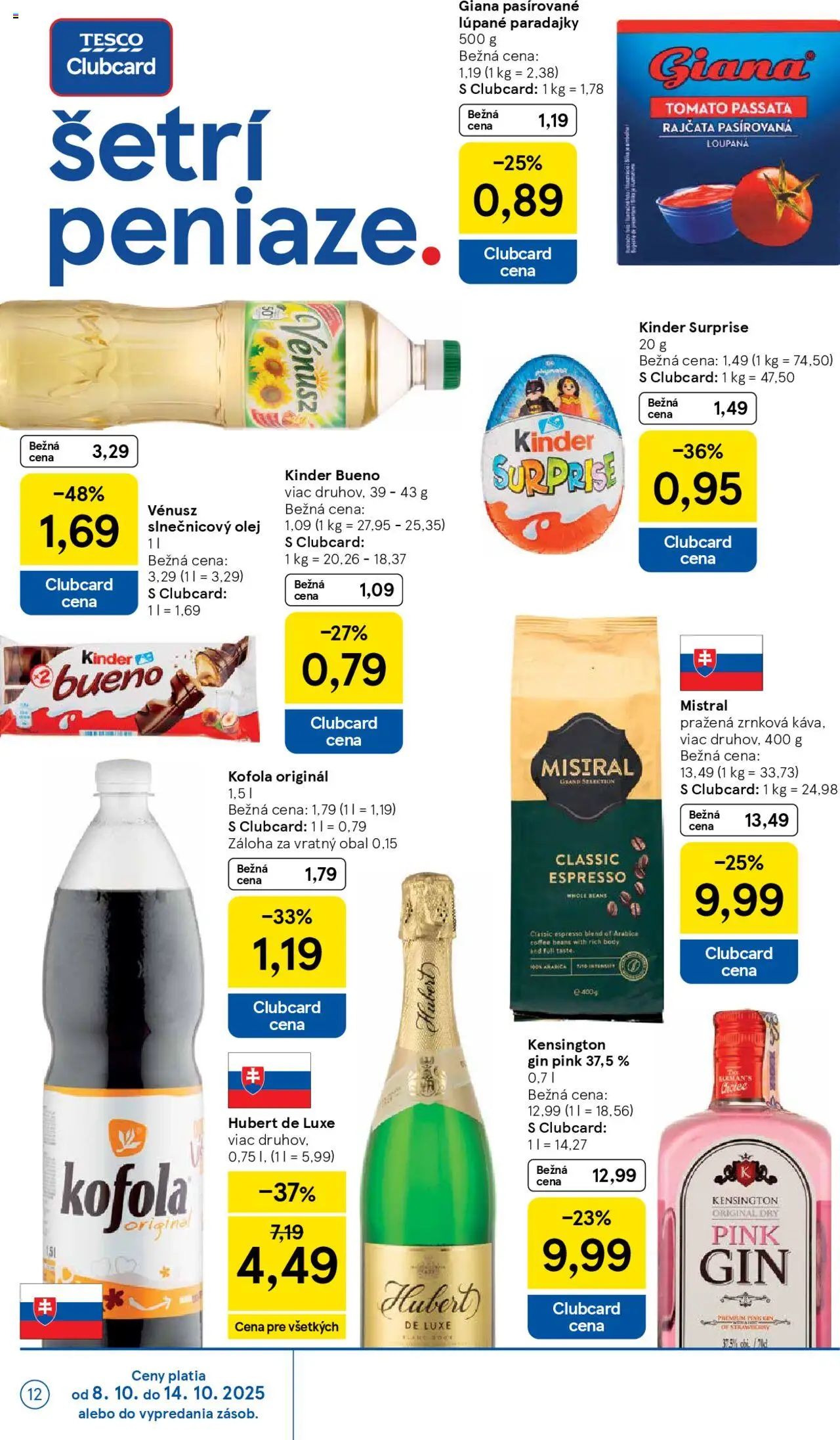 Nové Tesco akcie – leták je platný od 08.10.2025 | Strana: 12 | Produkty: Olej, Paradajky, Slnečnicový olej, Gin