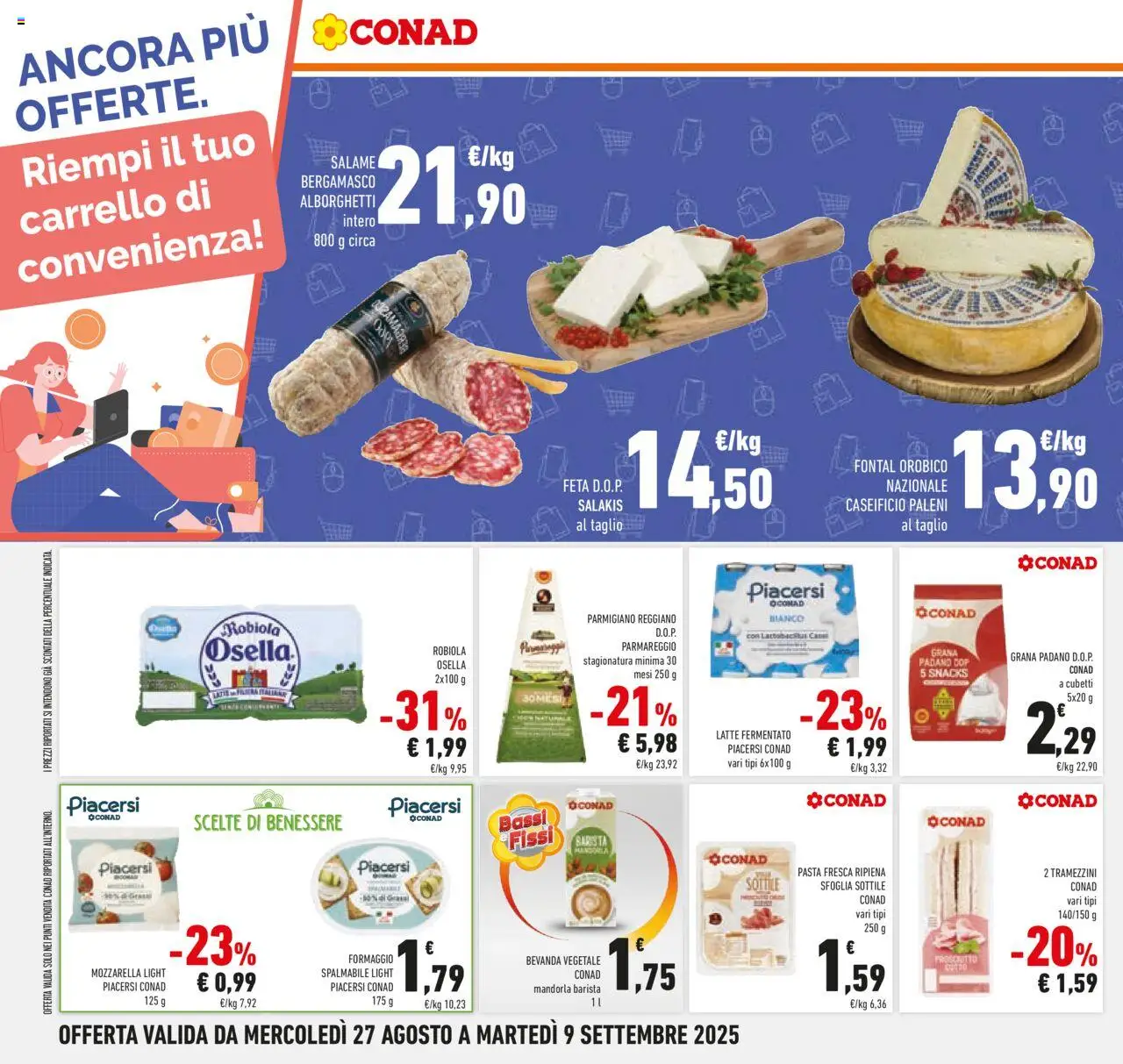 Volantino Conad del 27.08.2025 | Pagina: 22 | Prodotti: Mozzarella, Formaggio, Pasta, Carrello