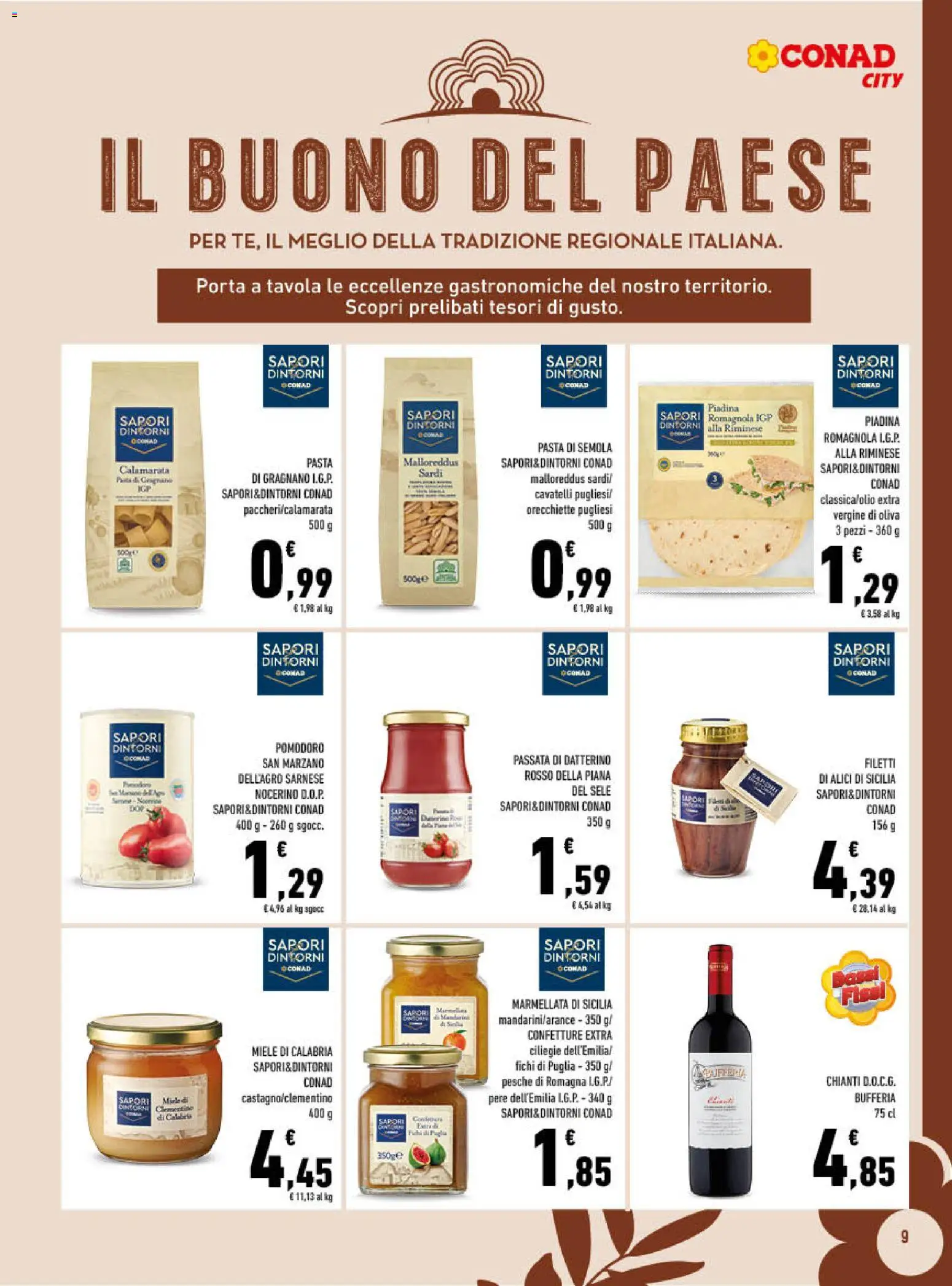 Volantino Conad del 28.01.2026 | Pagina: 9 | Prodotti: Pasta, Piadina, Miele, Alici