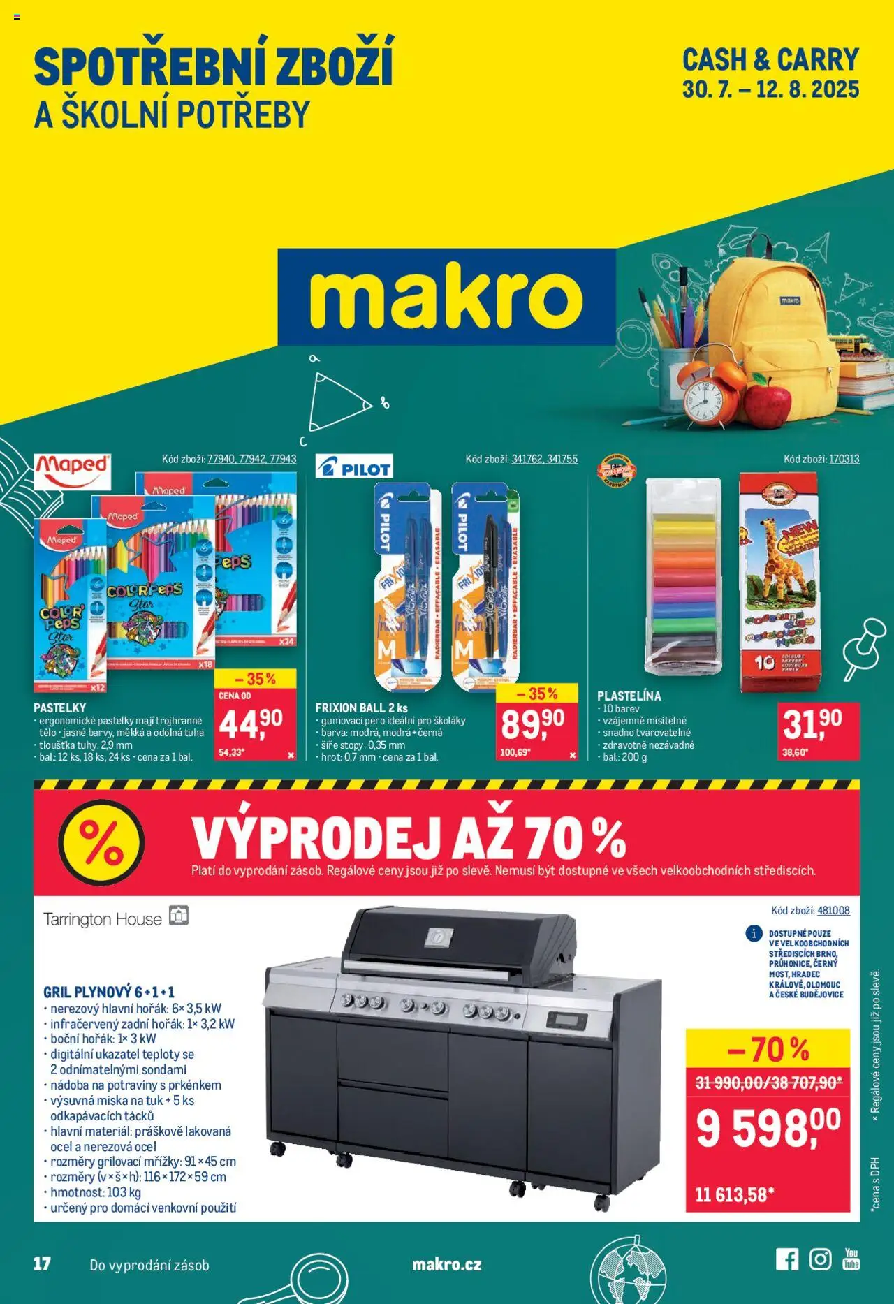 Makro leták - Spotřební zboží od 30.07.2025 | Strana: 1 | Produkty: Gril, Plastelína, Potraviny, Školní potřeby