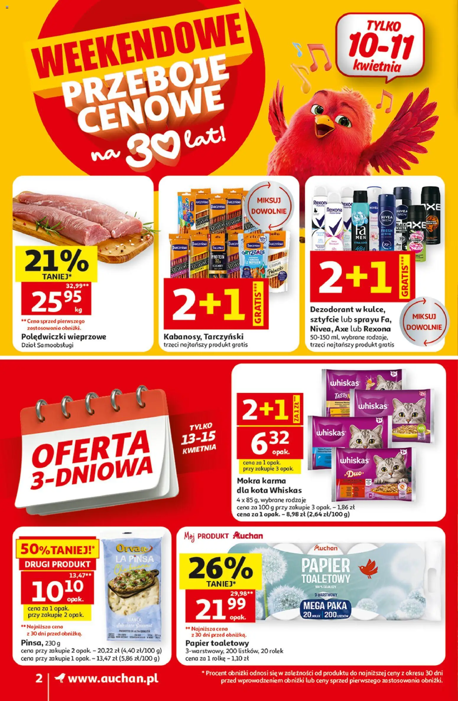 Auchan gazetka od 09.04.2026 | Strona: 2 | Produkty: Polędwiczki wieprzowe, Karma dla kota, Pinsa, Dezodorant