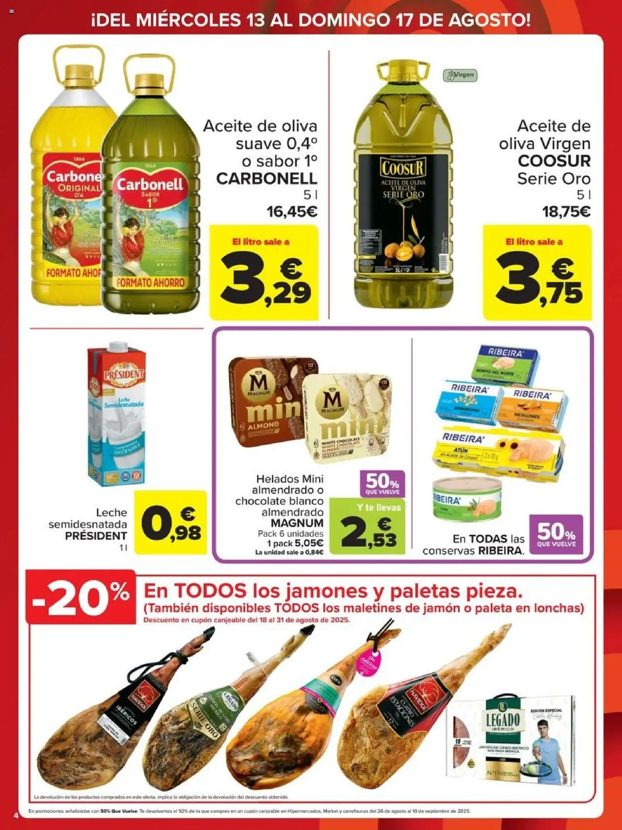 Carrefour - Precio Imbatible │ válido desde el 13.08.2025 | Página: 4 | Productos: Leche, Aceite, Chocolate, Aceite de oliva