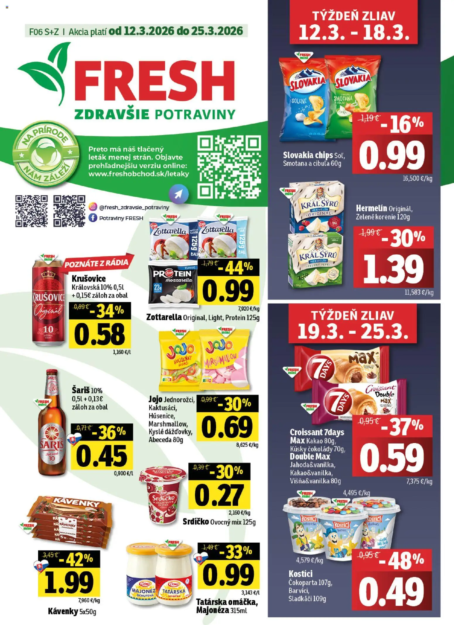 Nové Fresh akcie – leták je platný od 12.03.2026 | Strana: 1 | Produkty: Mozzarella, Krušovice, Šariš, Korenie