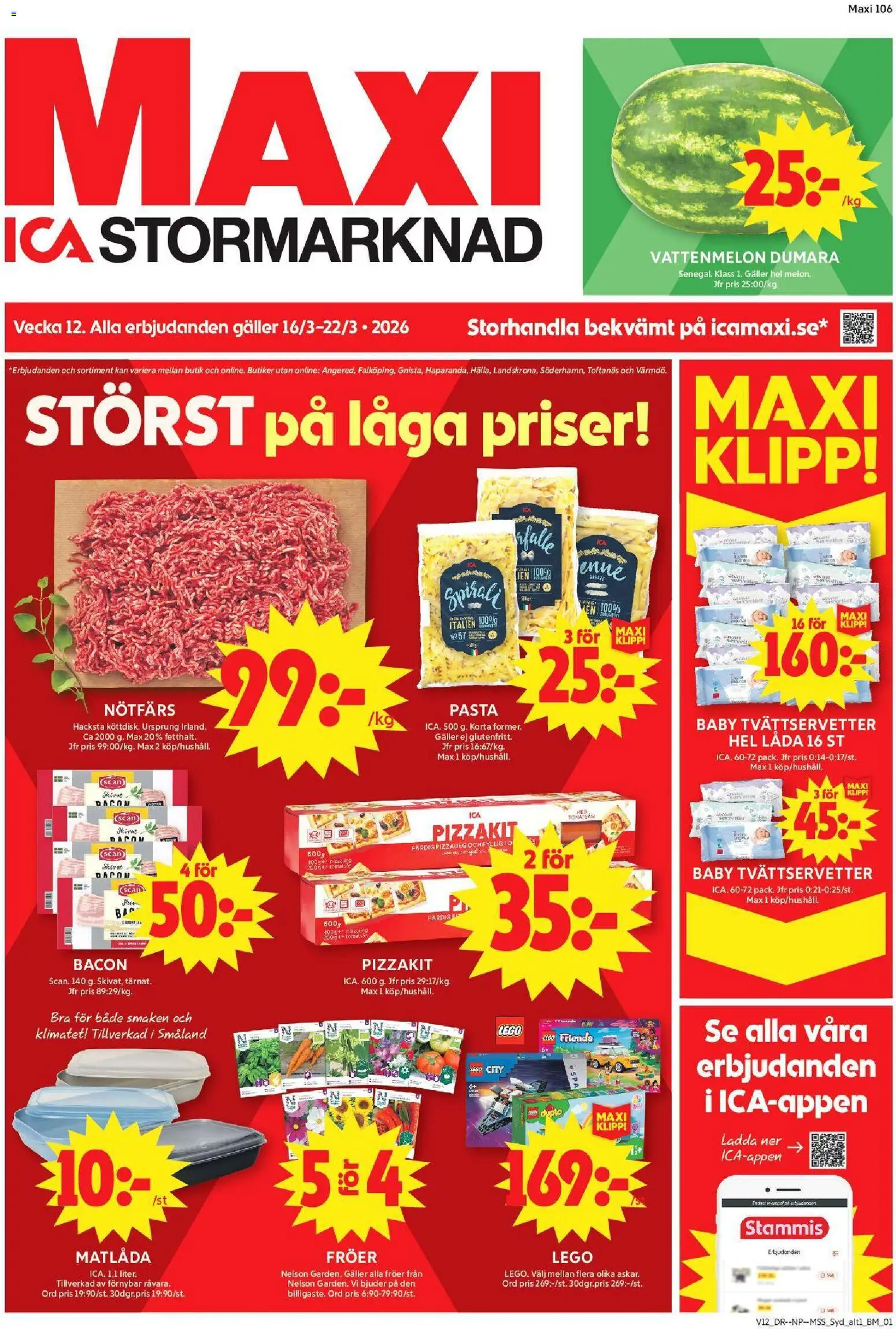 ICA Maxi reklamblad aktuell från 16.03.2026 | Sida: 1 | Produkter: Bacon, Pizzakit, Pasta, Tomatsås