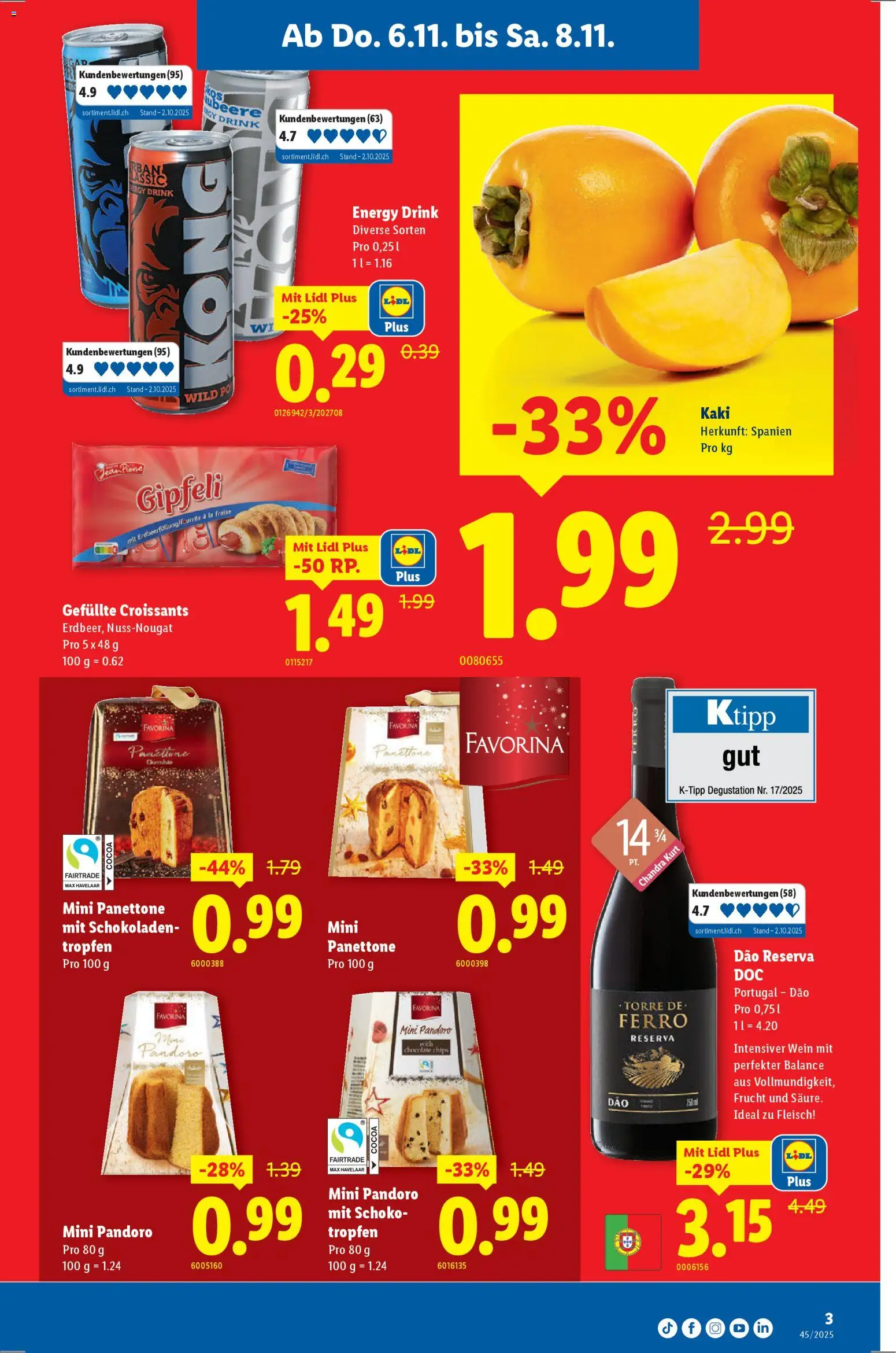 Lidl Aktionen – gültig ab 06.11.2025 | Seite: 3 | Produkte: Gipfeli, Wein, Kaki, Chips